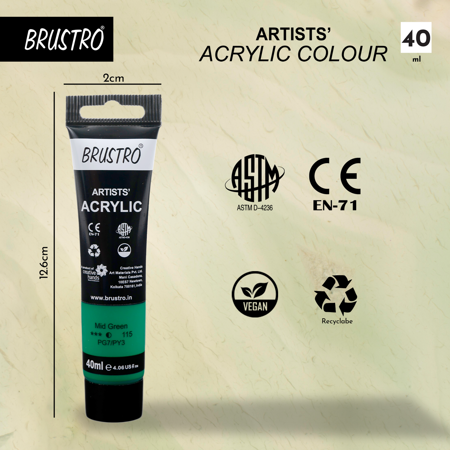 BRUSTRO Artists Acrylic Paint Tube | 40ml, Mid Green (Pack of 2)|Non-Toxic, Water based, Inter Mixable, Ideal for Painting, Textured Effects on Canvas, Paper, Fine Art Student and Professionals