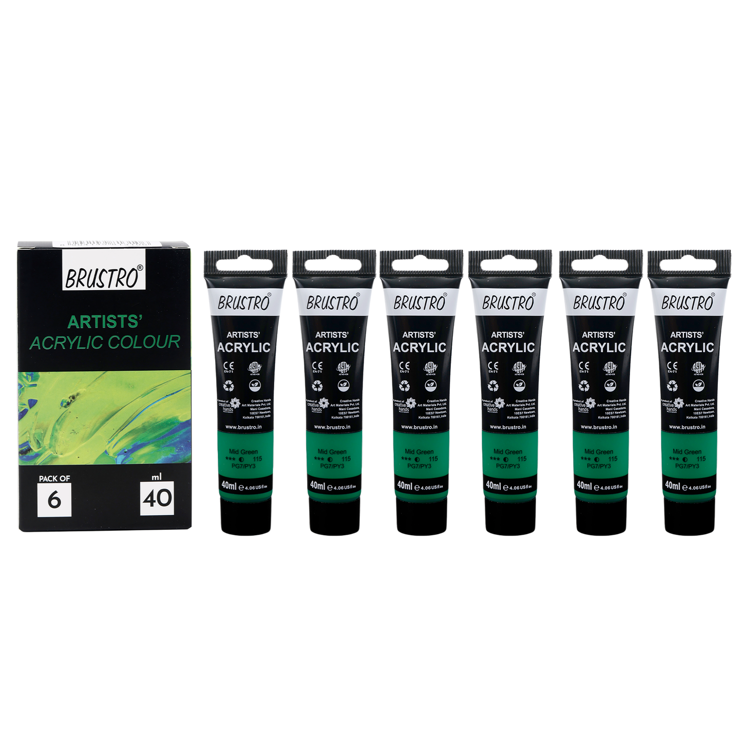 BRUSTRO Artists Acrylic Paint |40ml, Mid Green, Pack Of 6 Tubes|Non-Toxic,Water based,Inter Mixable,Ideal for Painting,Textured Effects on Canvas,Paper,Fine Art Student and Professionals