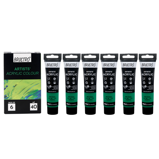 BRUSTRO Artists Acrylic Paint |40ml, Mid Green, Pack Of 6 Tubes|Non-Toxic,Water based,Inter Mixable,Ideal for Painting,Textured Effects on Canvas,Paper,Fine Art Student and Professionals