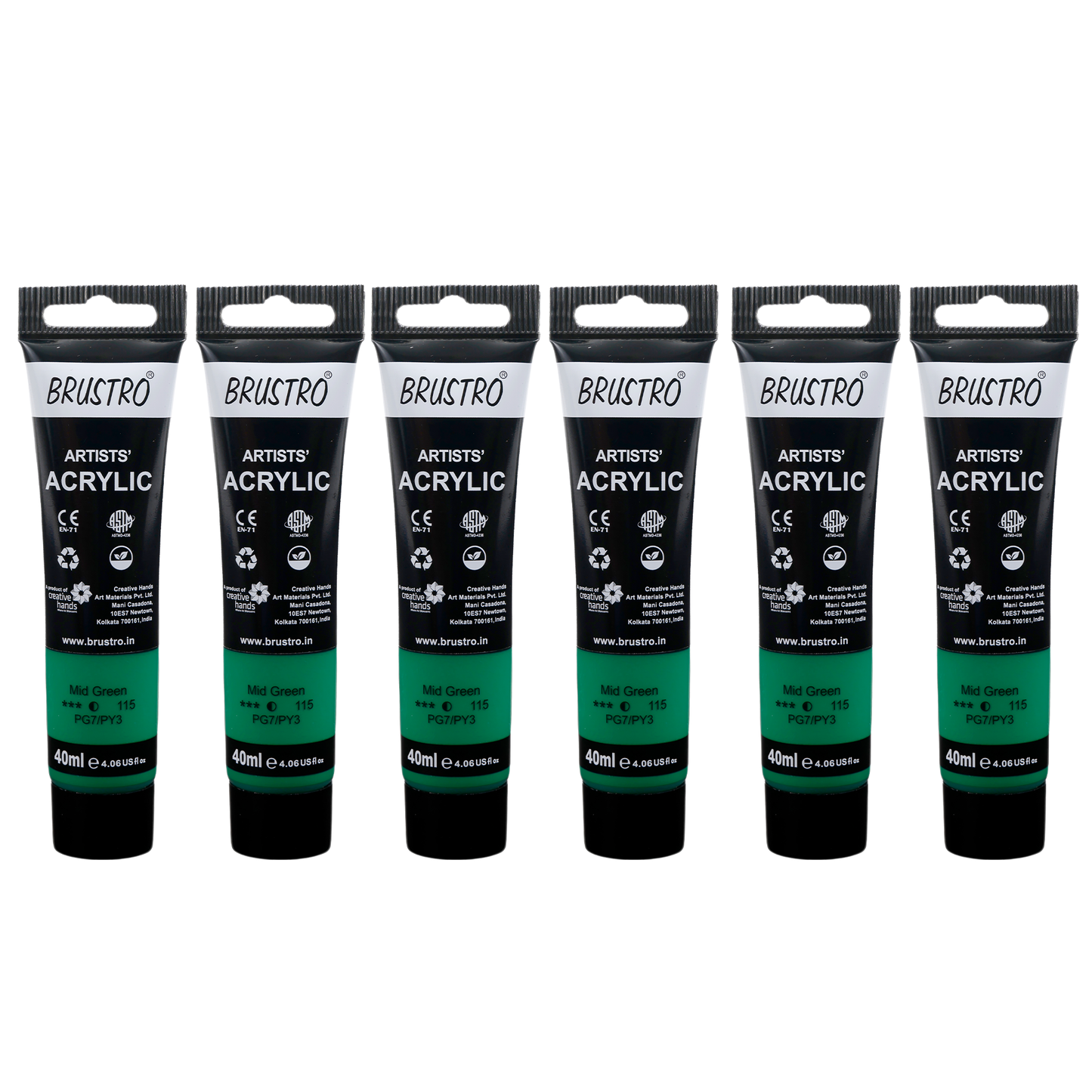 BRUSTRO Artists Acrylic Paint |40ml, Mid Green, Pack Of 6 Tubes|Non-Toxic,Water based,Inter Mixable,Ideal for Painting,Textured Effects on Canvas,Paper,Fine Art Student and Professionals
