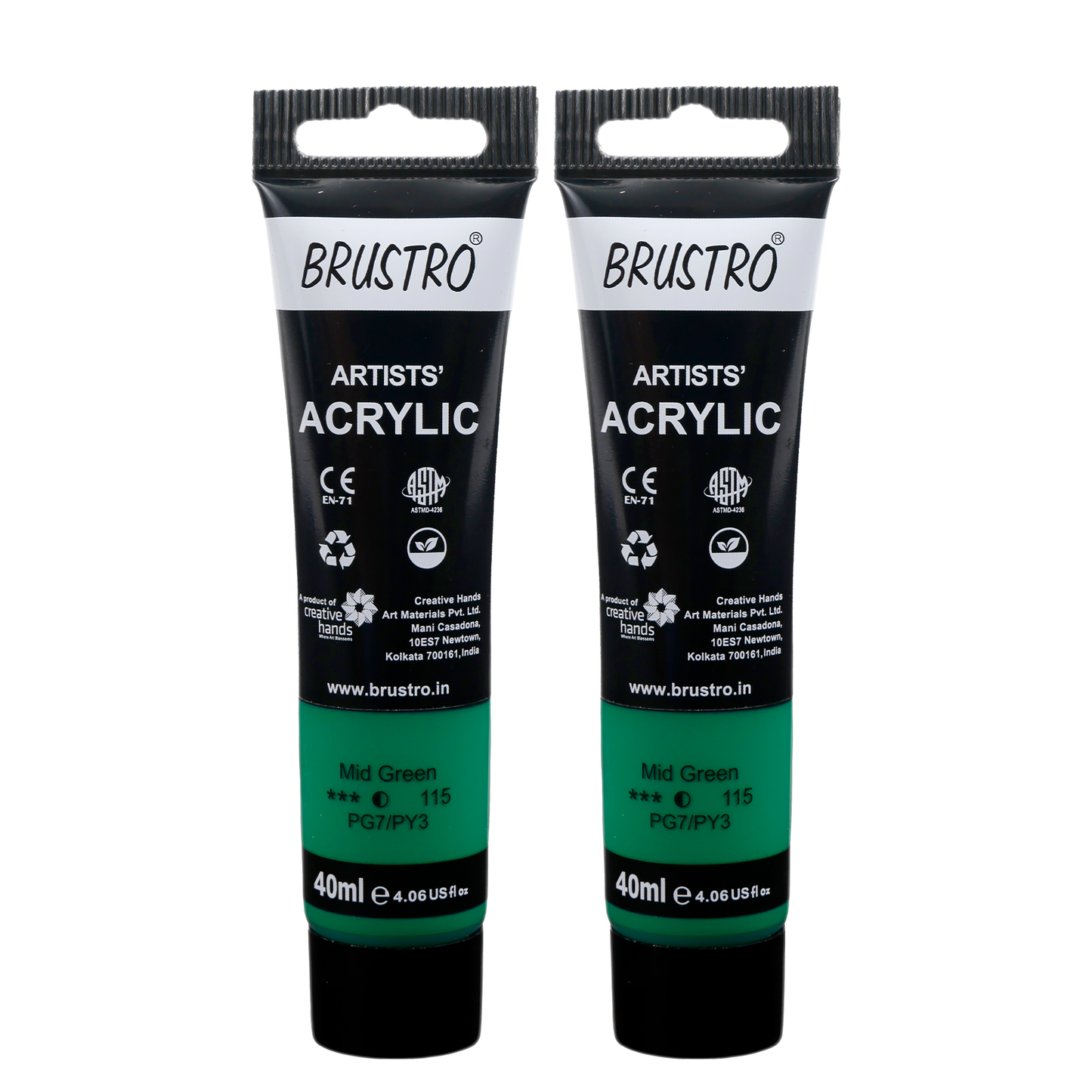 BRUSTRO Artists Acrylic Paint Tube | 40ml, Mid Green (Pack of 2)|Non-Toxic, Water based, Inter Mixable, Ideal for Painting, Textured Effects on Canvas, Paper, Fine Art Student and Professionals