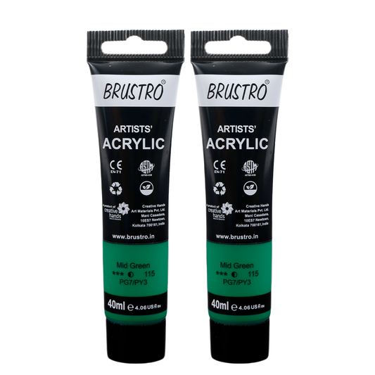BRUSTRO Artists Acrylic Paint Tube | 40ml, Mid Green (Pack of 2)|Non-Toxic, Water based, Inter Mixable, Ideal for Painting, Textured Effects on Canvas, Paper, Fine Art Student and Professionals
