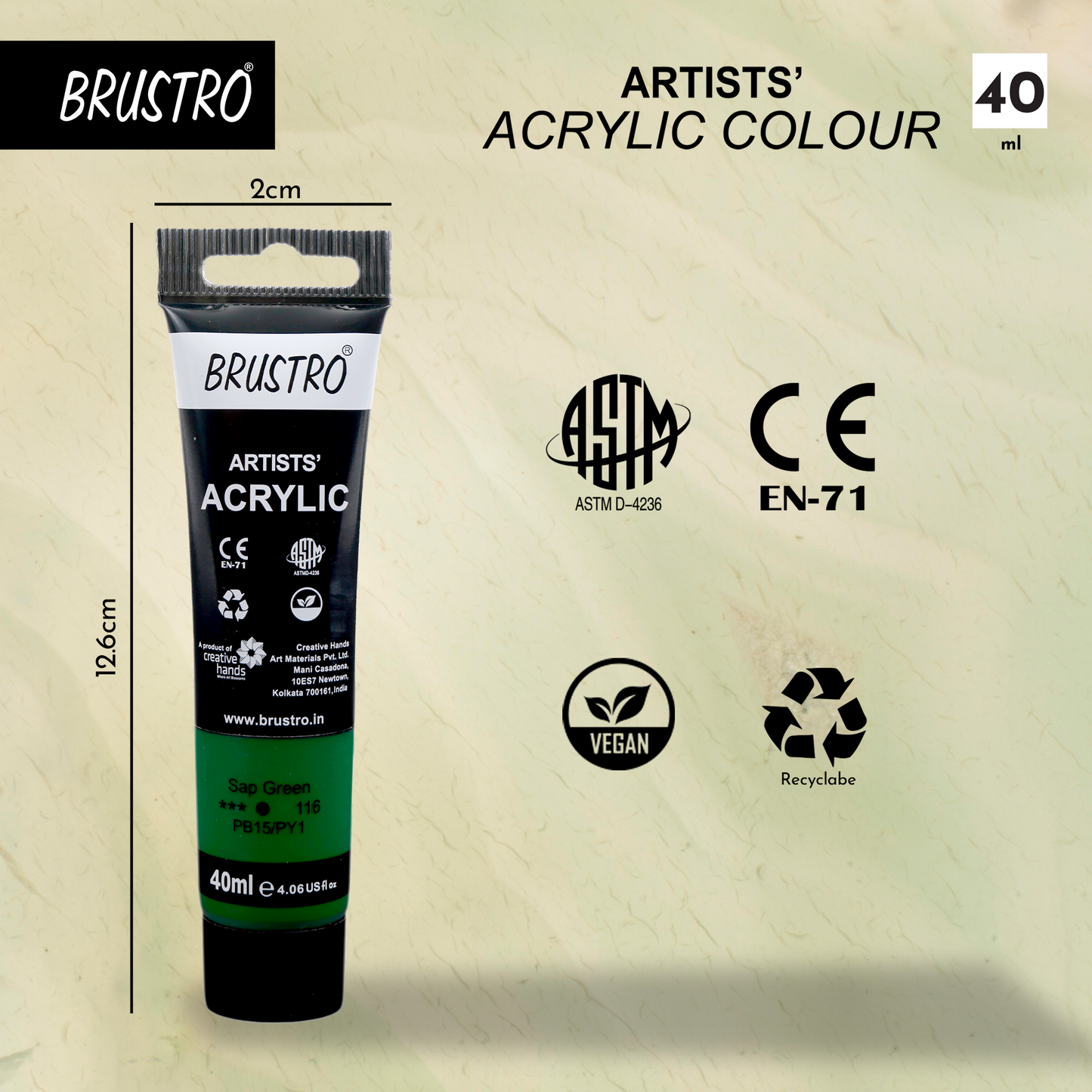 BRUSTRO Artists Acrylic Paint |40ml, Sap Green, Pack Of 6 Tubes|Non-Toxic,Water based,Inter Mixable,Ideal for Painting,Textured Effects on Canvas,Paper,Fine Art Student and Professionals