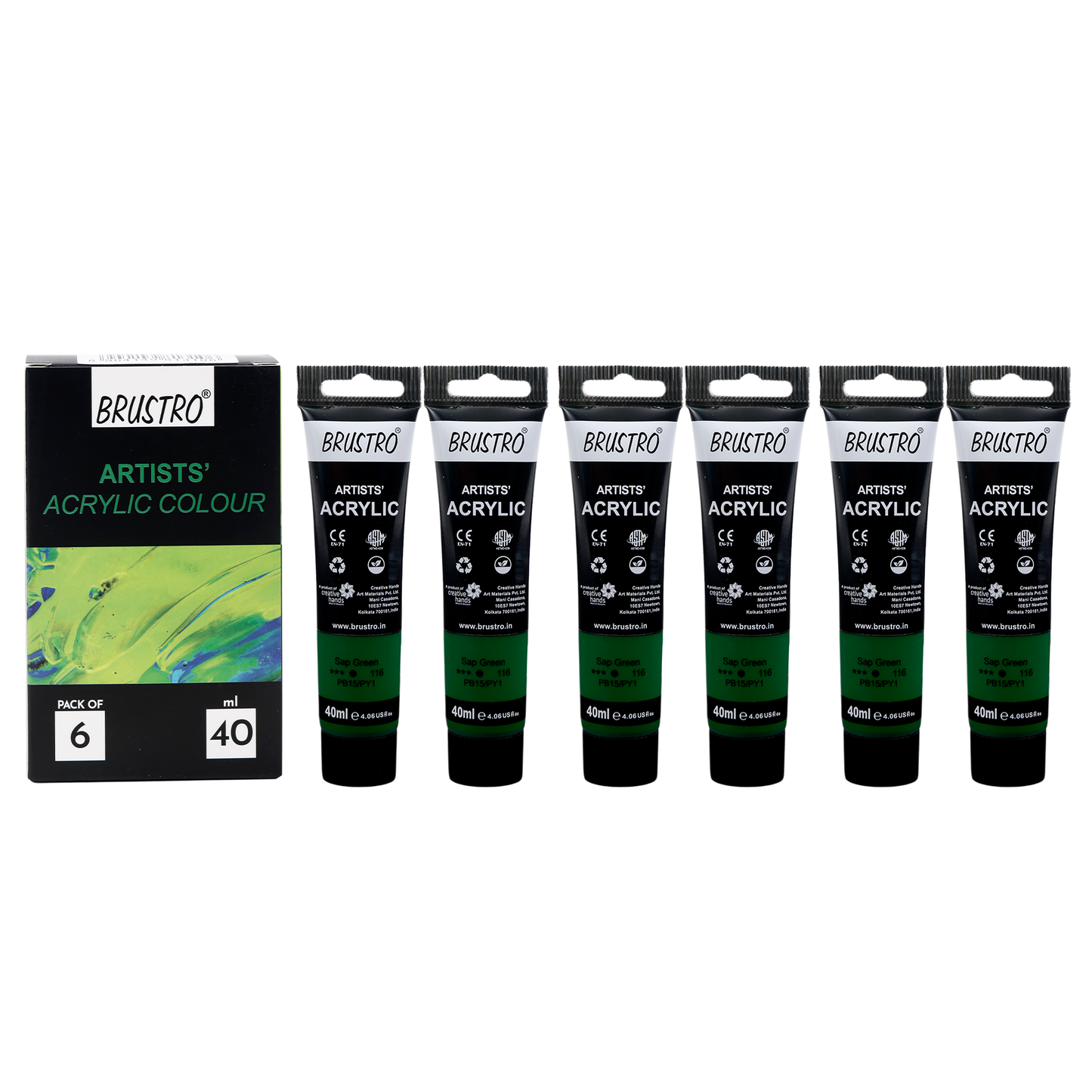 BRUSTRO Artists Acrylic Paint |40ml, Sap Green, Pack Of 6 Tubes|Non-Toxic,Water based,Inter Mixable,Ideal for Painting,Textured Effects on Canvas,Paper,Fine Art Student and Professionals