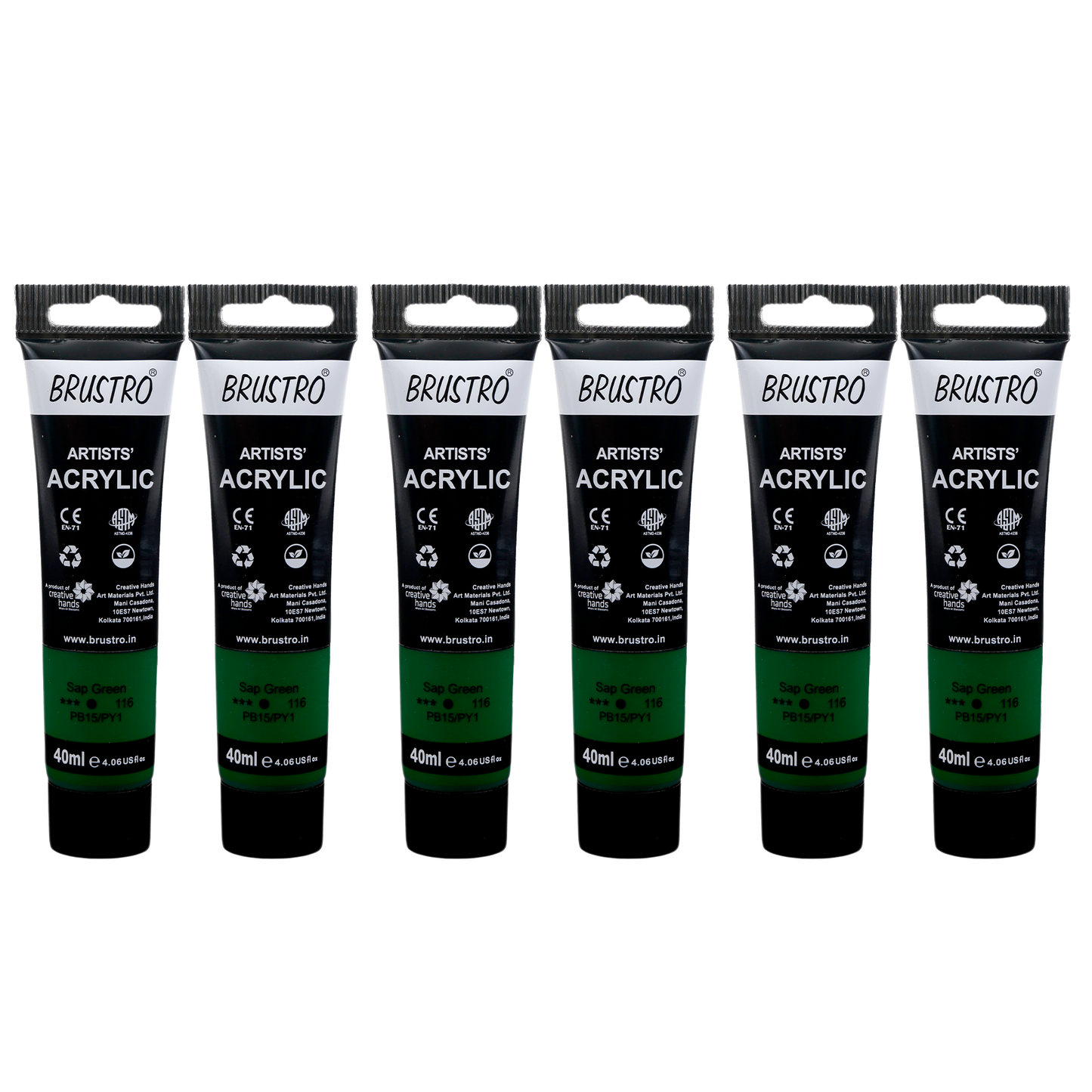 BRUSTRO Artists Acrylic Paint |40ml, Sap Green, Pack Of 6 Tubes|Non-Toxic,Water based,Inter Mixable,Ideal for Painting,Textured Effects on Canvas,Paper,Fine Art Student and Professionals