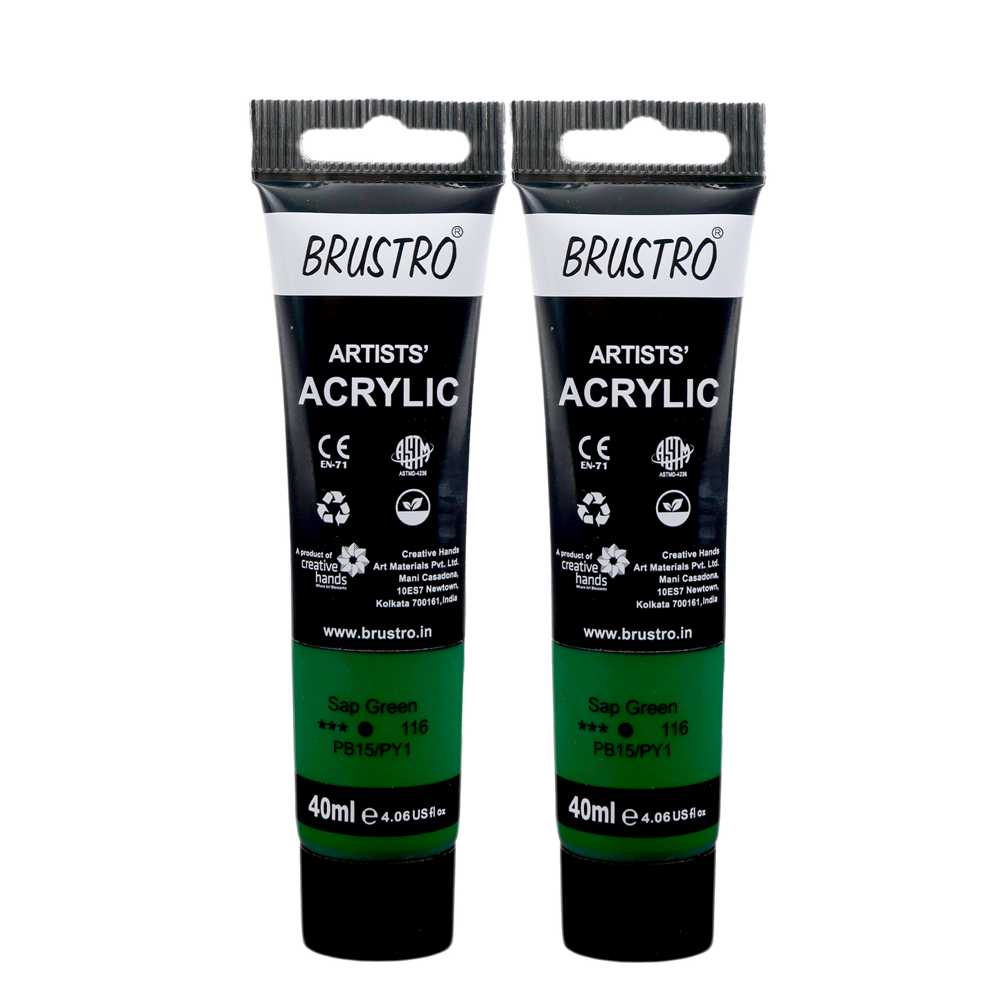 BRUSTRO Artists Acrylic Paint Tube | 40ml, Sap Green (Pack of 2)|Non-Toxic, Water based, Inter Mixable, Ideal for Painting, Textured Effects on Canvas, Paper, Fine Art Student and Professionals