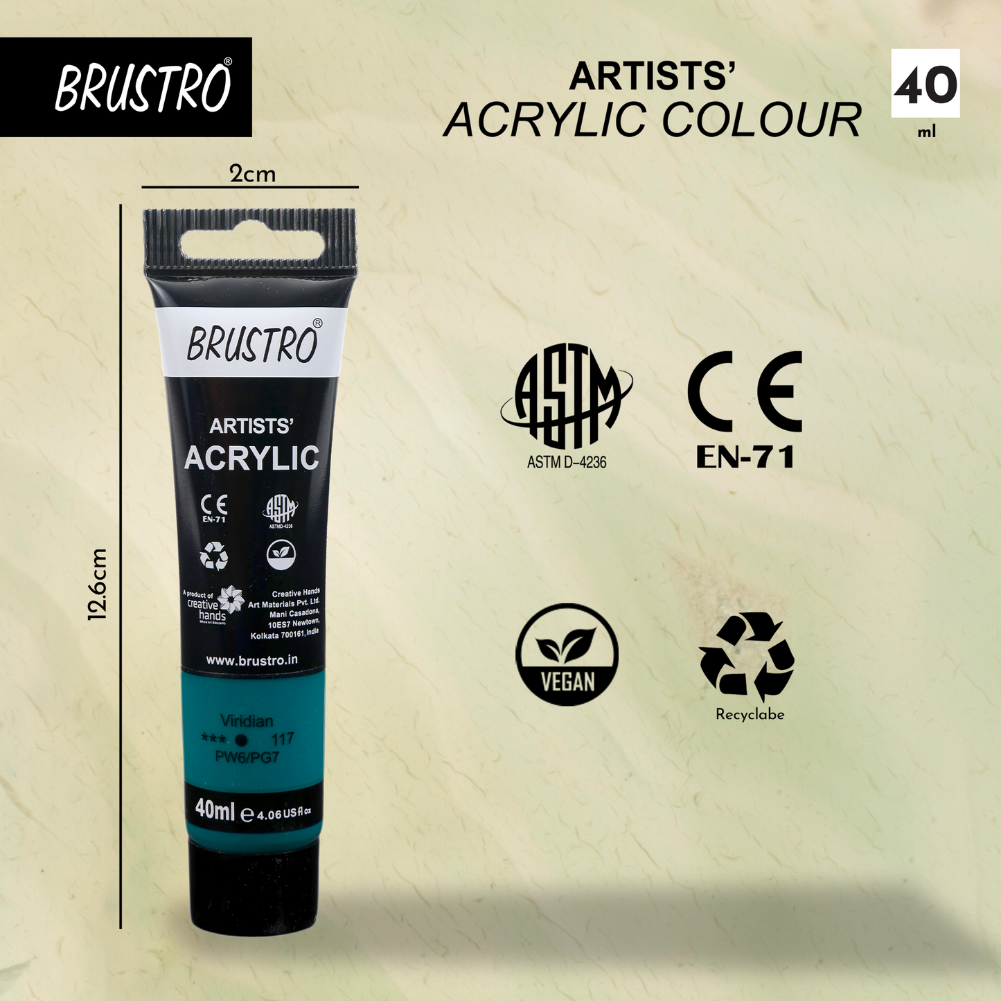 BRUSTRO Artists Acrylic Paint |40ml, Viridian, Pack Of 6 Tubes|Non-Toxic,Water based,Inter Mixable,Ideal for Painting,Textured Effects on Canvas,Paper,Fine Art Student and Professionals