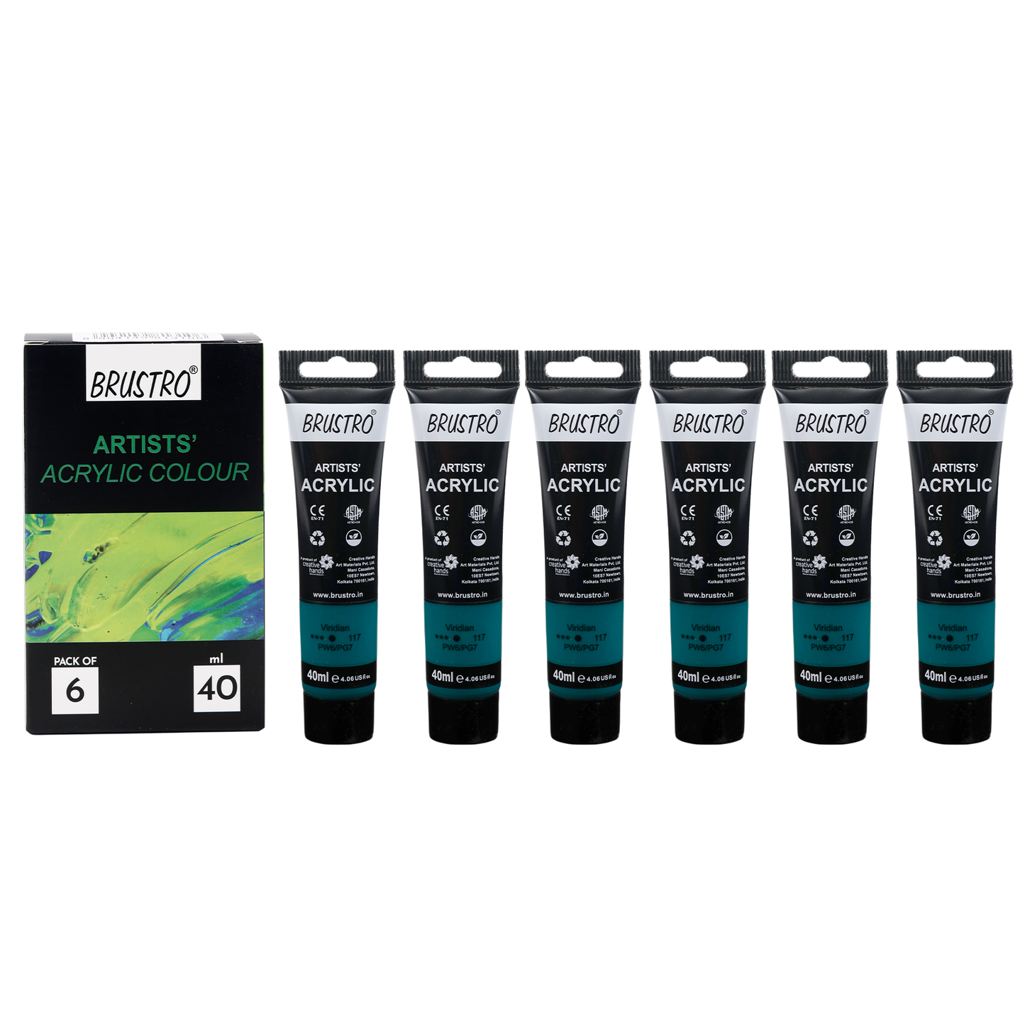 BRUSTRO Artists Acrylic Paint |40ml, Viridian, Pack Of 6 Tubes|Non-Toxic,Water based,Inter Mixable,Ideal for Painting,Textured Effects on Canvas,Paper,Fine Art Student and Professionals