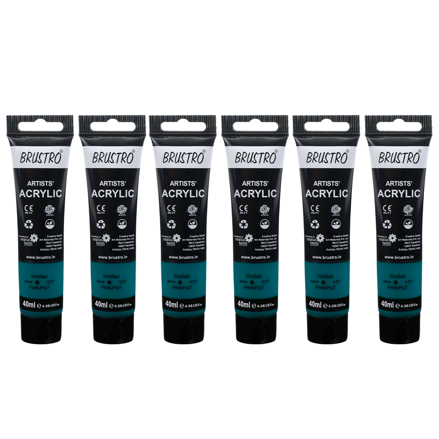 BRUSTRO Artists Acrylic Paint |40ml, Viridian, Pack Of 6 Tubes|Non-Toxic,Water based,Inter Mixable,Ideal for Painting,Textured Effects on Canvas,Paper,Fine Art Student and Professionals