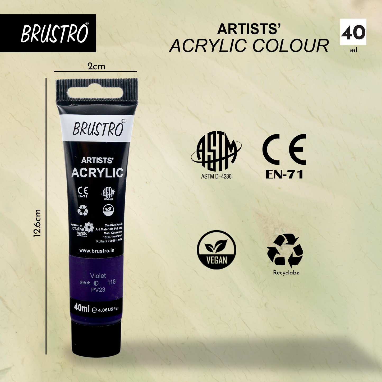 BRUSTRO Artists Acrylic Paint |40ml, Violet, Pack Of 6 Tubes|Non-Toxic,Water based,Inter Mixable,Ideal for Painting,Textured Effects on Canvas,Paper,Fine Art Student and Professionals
