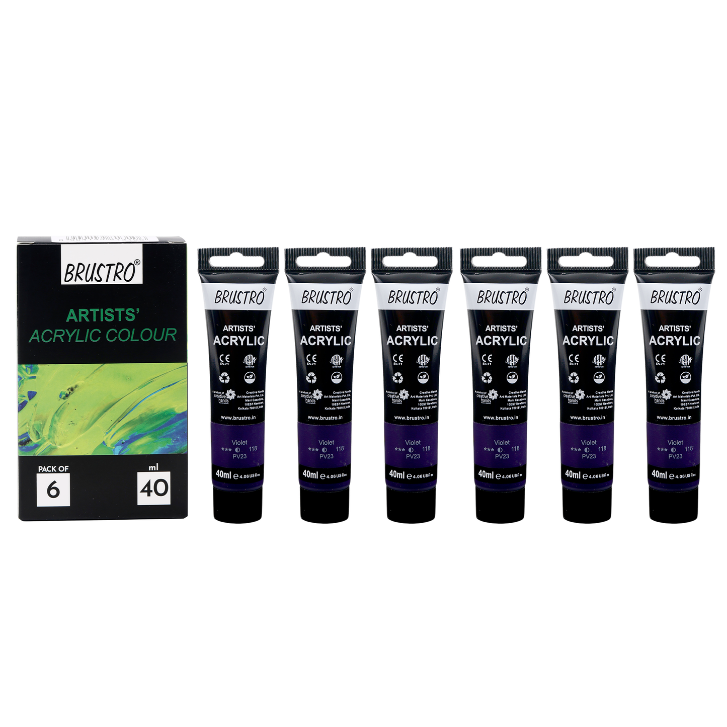BRUSTRO Artists Acrylic Paint |40ml, Violet, Pack Of 6 Tubes|Non-Toxic,Water based,Inter Mixable,Ideal for Painting,Textured Effects on Canvas,Paper,Fine Art Student and Professionals