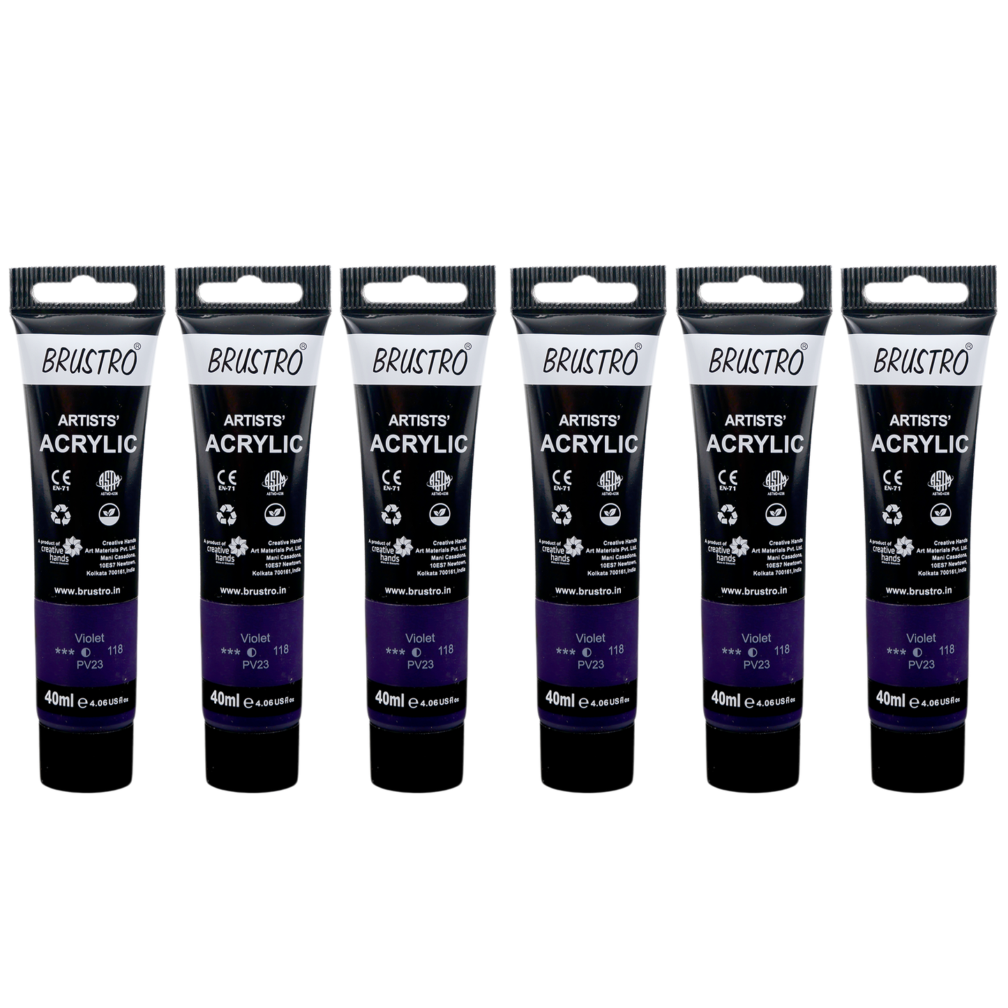 BRUSTRO Artists Acrylic Paint |40ml, Violet, Pack Of 6 Tubes|Non-Toxic,Water based,Inter Mixable,Ideal for Painting,Textured Effects on Canvas,Paper,Fine Art Student and Professionals