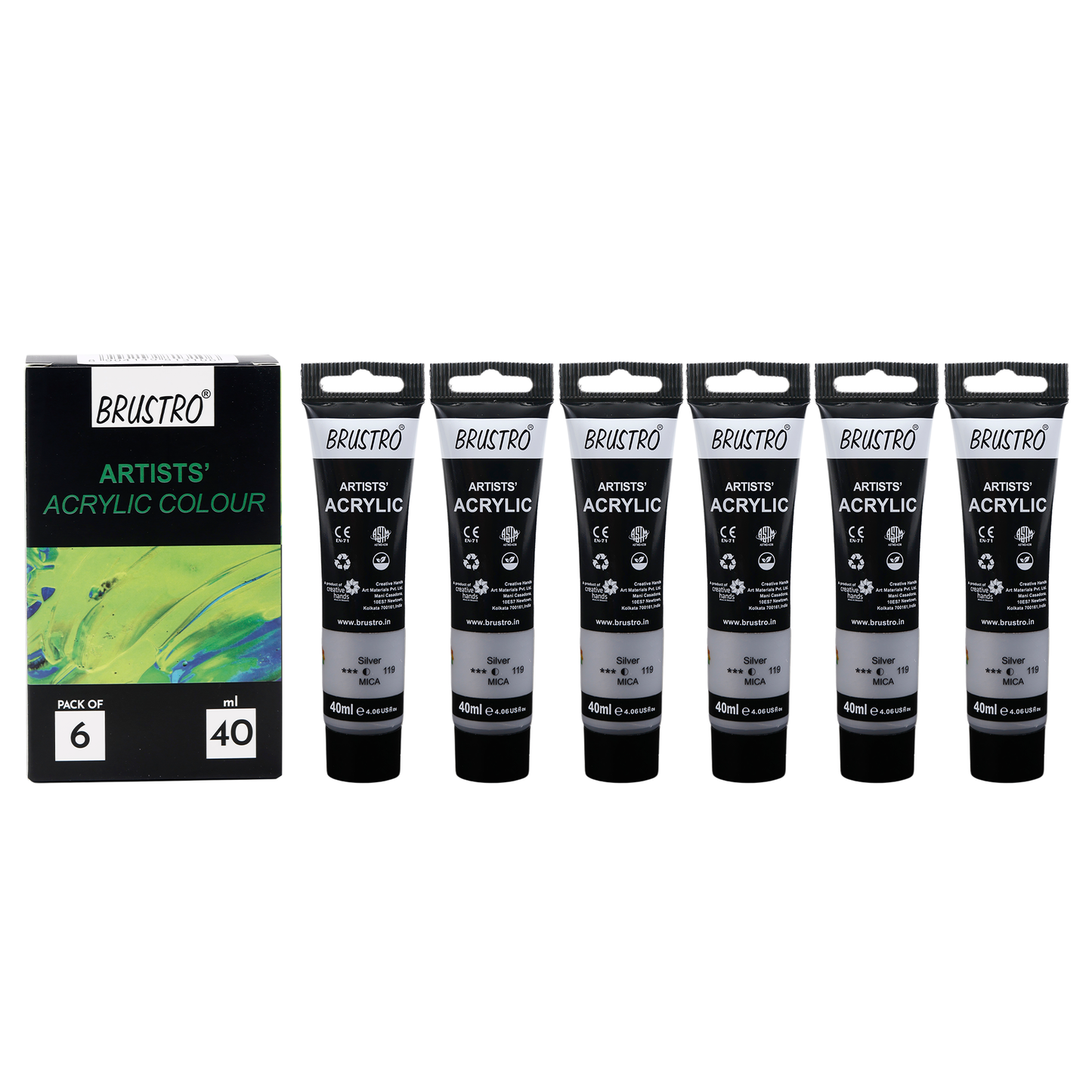 BRUSTRO Artists Acrylic Paint |40ml, Silver, Pack Of 6 Tubes|Non-Toxic,Water based,Inter Mixable,Ideal for Painting,Textured Effects on Canvas,Paper,Fine Art Student and Professionals