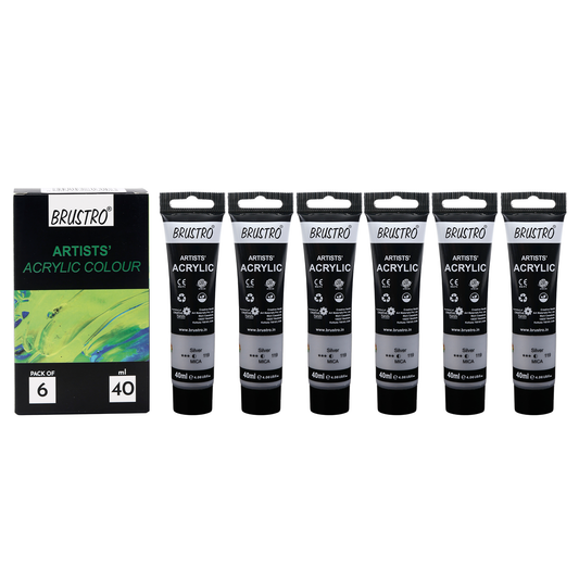 BRUSTRO Artists Acrylic Paint |40ml, Silver, Pack Of 6 Tubes|Non-Toxic,Water based,Inter Mixable,Ideal for Painting,Textured Effects on Canvas,Paper,Fine Art Student and Professionals