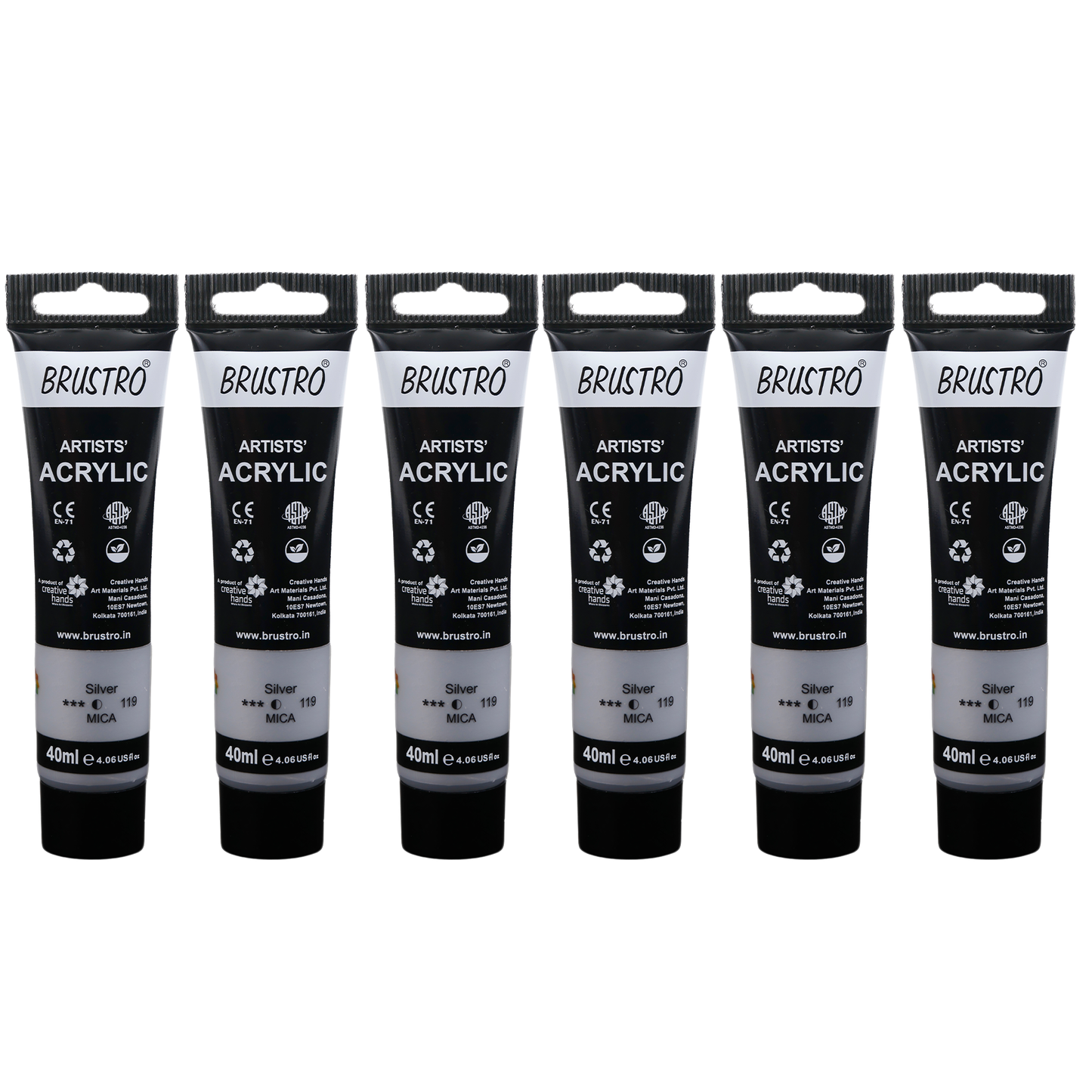 BRUSTRO Artists Acrylic Paint |40ml, Silver, Pack Of 6 Tubes|Non-Toxic,Water based,Inter Mixable,Ideal for Painting,Textured Effects on Canvas,Paper,Fine Art Student and Professionals