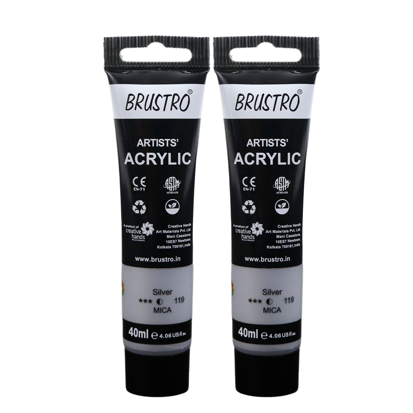 BRUSTRO Artists Acrylic Paint Tube | 40ml, Silver (Pack of 2)|Non-Toxic, Water based, Inter Mixable, Ideal for Painting, Textured Effects on Canvas, Paper, Fine Art Student and Professionals