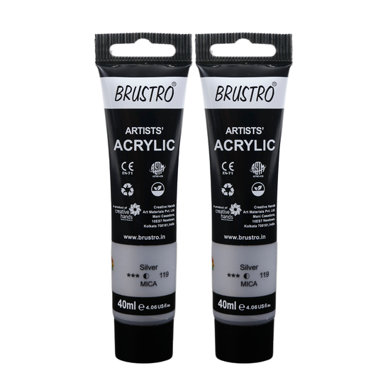 BRUSTRO Artists Acrylic Paint Tube | 40ml, Silver (Pack of 2)|Non-Toxic, Water based, Inter Mixable, Ideal for Painting, Textured Effects on Canvas, Paper, Fine Art Student and Professionals