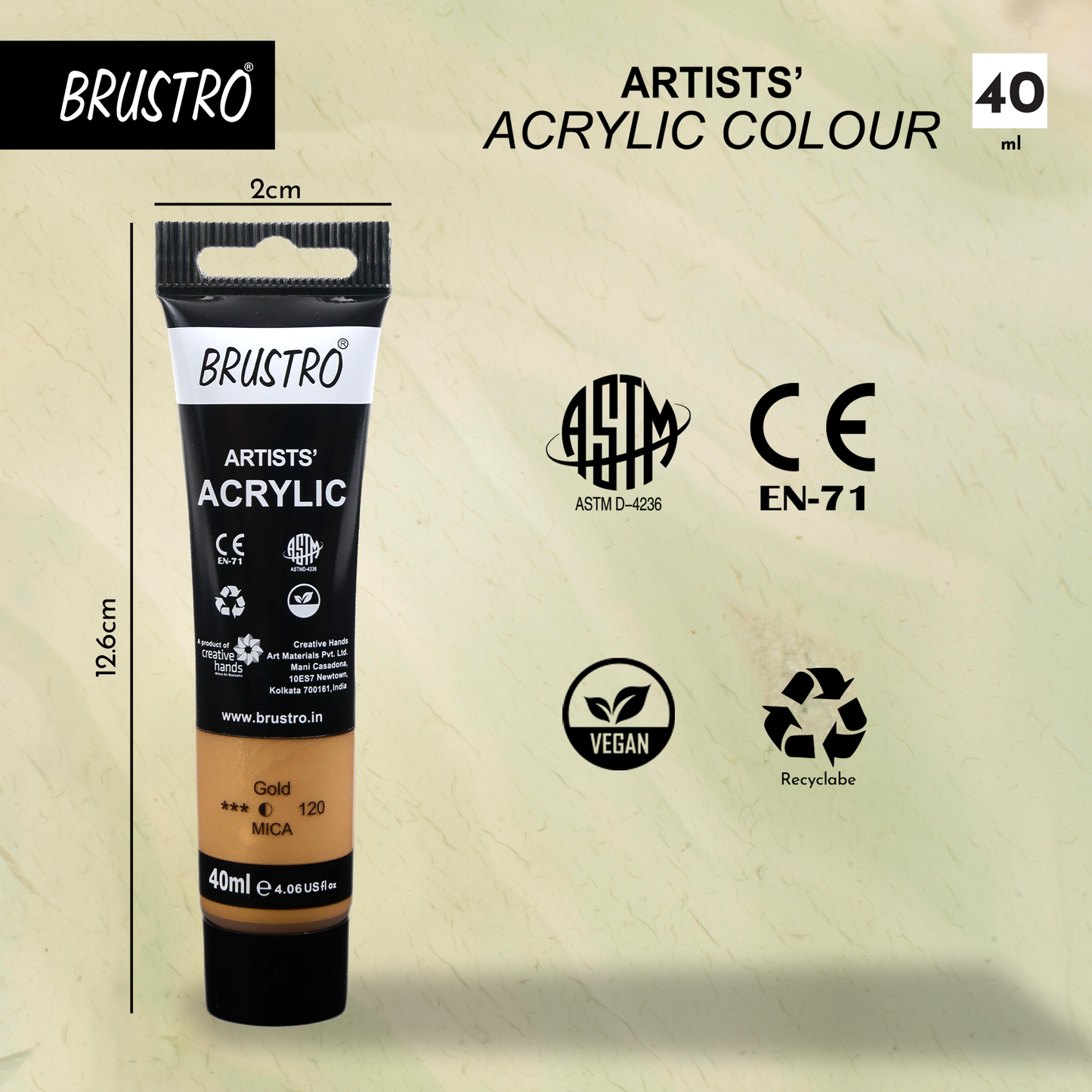 BRUSTRO Artists Acrylic Paint |40ml, Gold, Pack Of 6 Tubes|Non-Toxic,Water based,Inter Mixable,Ideal for Painting,Textured Effects on Canvas,Paper,Fine Art Student and Professionals