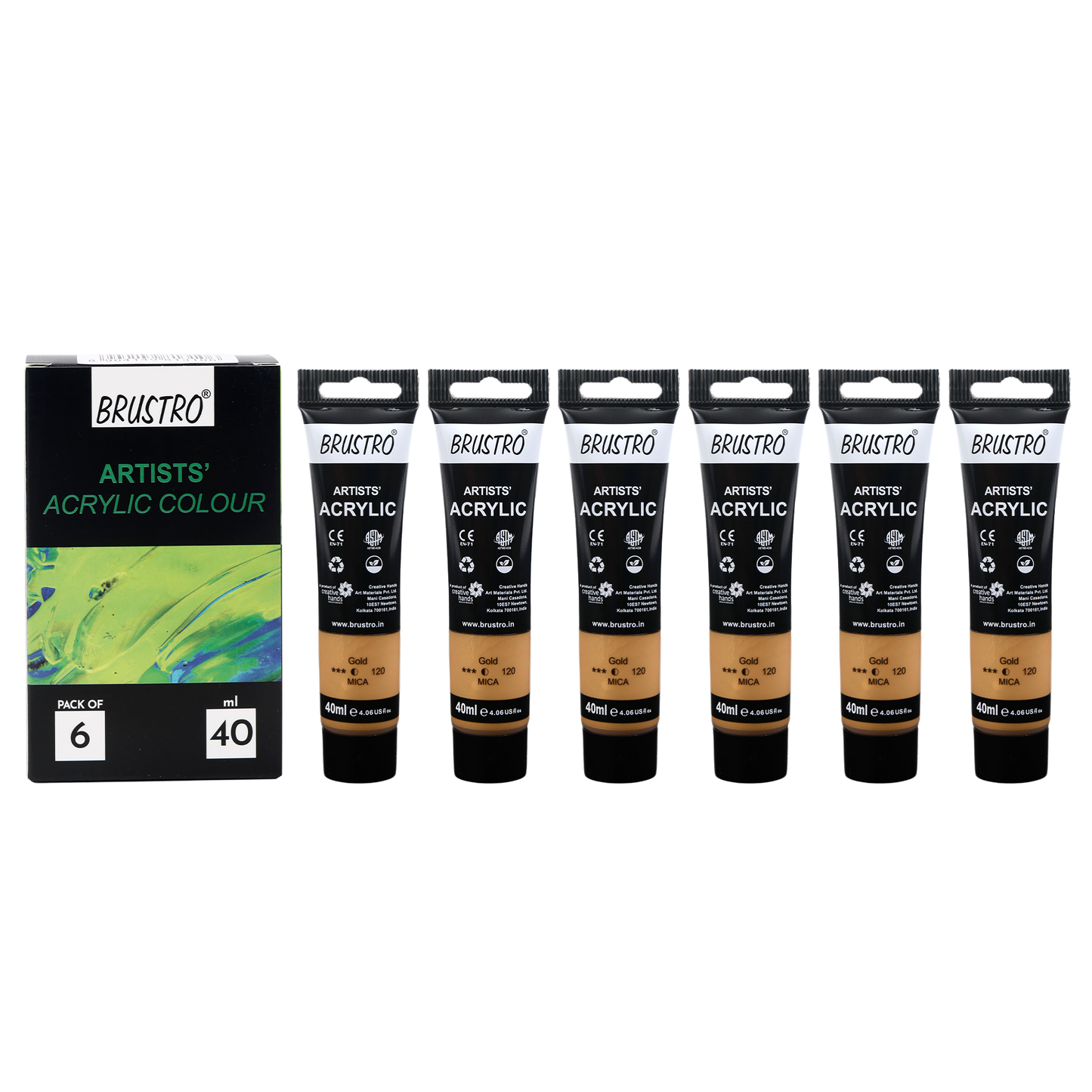 BRUSTRO Artists Acrylic Paint |40ml, Gold, Pack Of 6 Tubes|Non-Toxic,Water based,Inter Mixable,Ideal for Painting,Textured Effects on Canvas,Paper,Fine Art Student and Professionals
