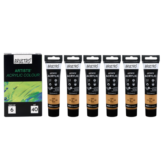 BRUSTRO Artists Acrylic Paint |40ml, Gold, Pack Of 6 Tubes|Non-Toxic,Water based,Inter Mixable,Ideal for Painting,Textured Effects on Canvas,Paper,Fine Art Student and Professionals