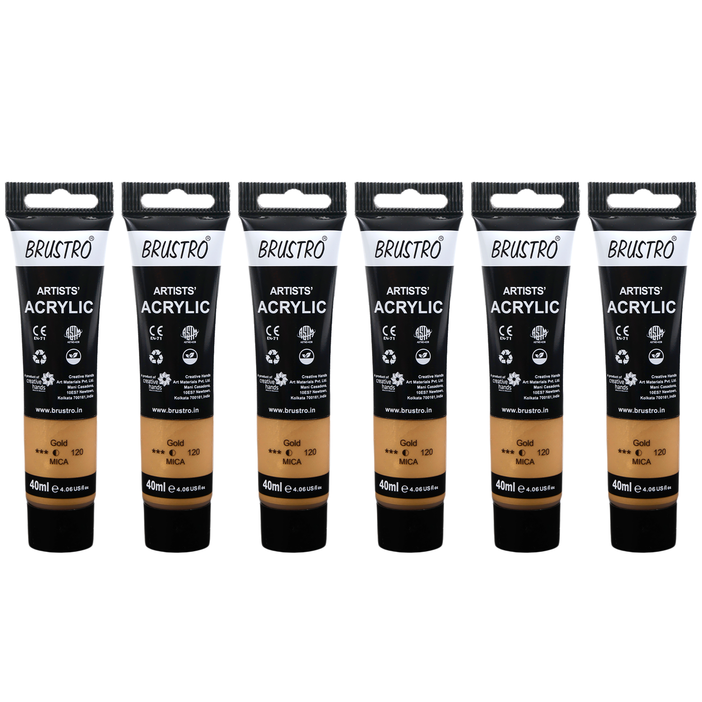 BRUSTRO Artists Acrylic Paint |40ml, Gold, Pack Of 6 Tubes|Non-Toxic,Water based,Inter Mixable,Ideal for Painting,Textured Effects on Canvas,Paper,Fine Art Student and Professionals