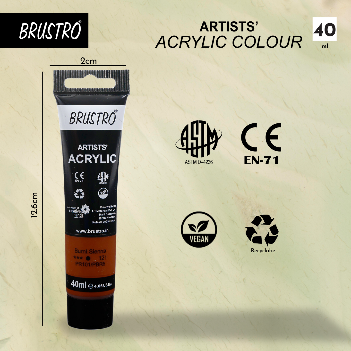BRUSTRO Artists Acrylic Paint Tube | 40ml, Burnt Sienna (Pack of 2)|Non-Toxic, Water based, Inter Mixable, Ideal for Painting, Textured Effects on Canvas, Paper, Fine Art Student and Professionals