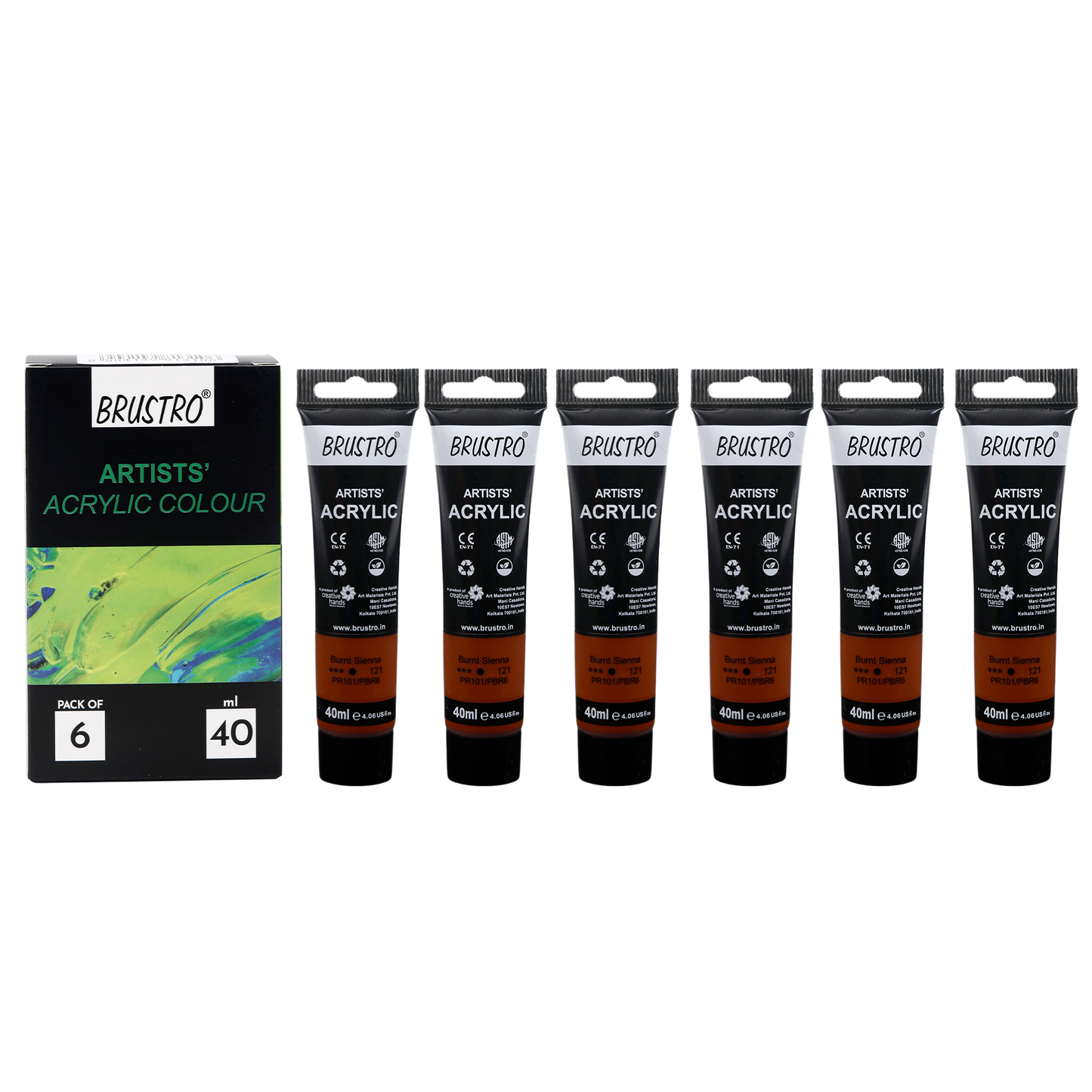 BRUSTRO Artists Acrylic Paint |40ml, Burnt Sienna, Pack Of 6 Tubes|Non-Toxic,Water based,Inter Mixable,Ideal for Painting,Textured Effects on Canvas,Paper,Fine Art Student and Professionals
