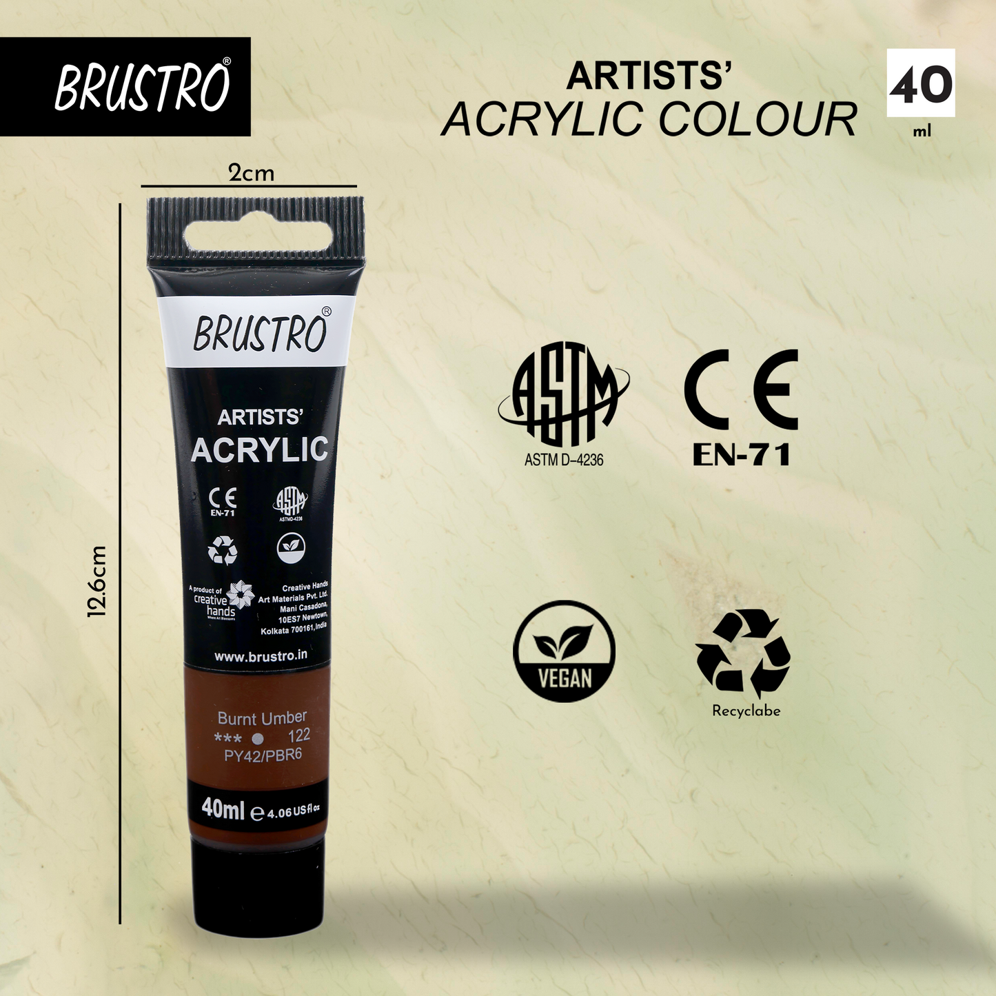 BRUSTRO Artists Acrylic Paint Tube | 40ml, Burnt Umber (Pack of 2)|Non-Toxic, Water based, Inter Mixable, Ideal for Painting, Textured Effects on Canvas, Paper, Fine Art Student and Professionals