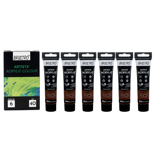 BRUSTRO Artists Acrylic Paint |40ml, Burnt Umber, Pack Of 6 Tubes|Non-Toxic,Water based,Inter Mixable,Ideal for Painting,Textured Effects on Canvas,Paper,Fine Art Student and Professionals