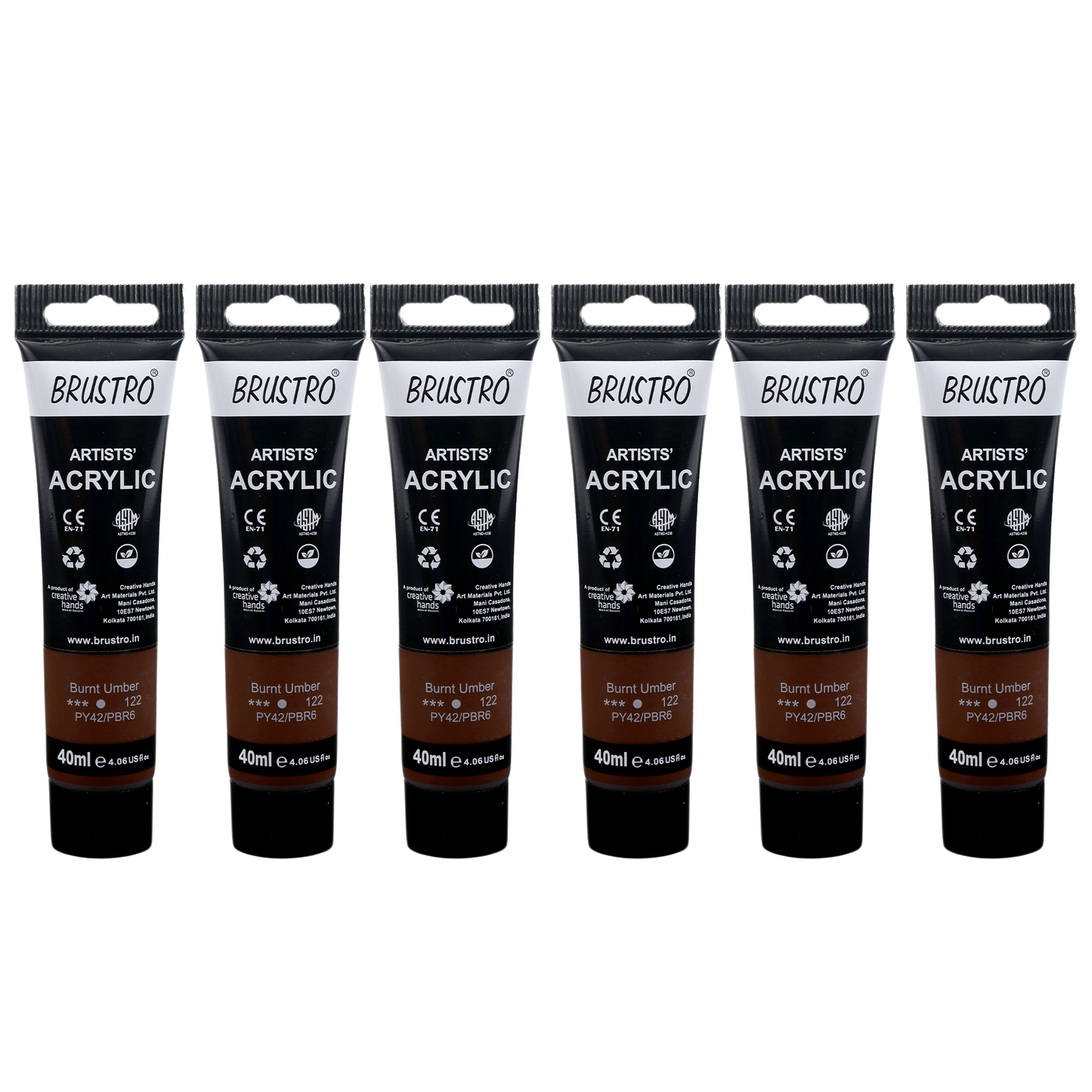 BRUSTRO Artists Acrylic Paint |40ml, Burnt Umber, Pack Of 6 Tubes|Non-Toxic,Water based,Inter Mixable,Ideal for Painting,Textured Effects on Canvas,Paper,Fine Art Student and Professionals
