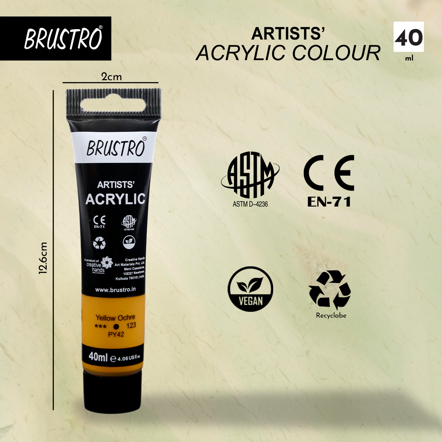 BRUSTRO Artists Acrylic Paint |40ml, Yellow Ochre, Pack Of 6 Tubes|Non-Toxic,Water based,Inter Mixable,Ideal for Painting,Textured Effects on Canvas,Paper,Fine Art Student and Professionals