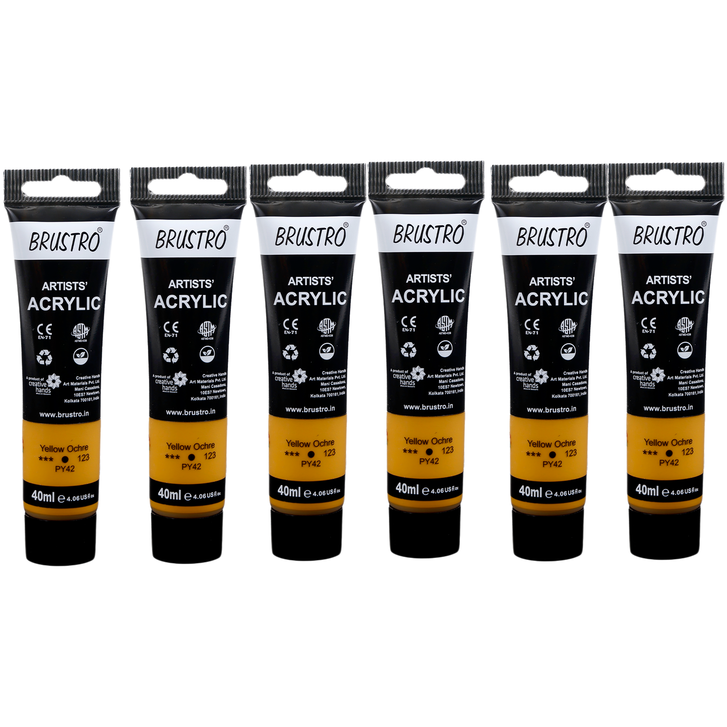 BRUSTRO Artists Acrylic Paint |40ml, Yellow Ochre, Pack Of 6 Tubes|Non-Toxic,Water based,Inter Mixable,Ideal for Painting,Textured Effects on Canvas,Paper,Fine Art Student and Professionals