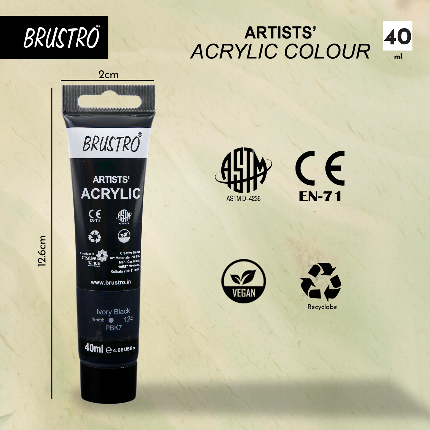 BRUSTRO Artists Acrylic Paint Tube | 40ml, Ivory Black (Pack of 2)|Non-Toxic, Water based, Inter Mixable, Ideal for Painting, Textured Effects on Canvas, Paper, Fine Art Student and Professionals