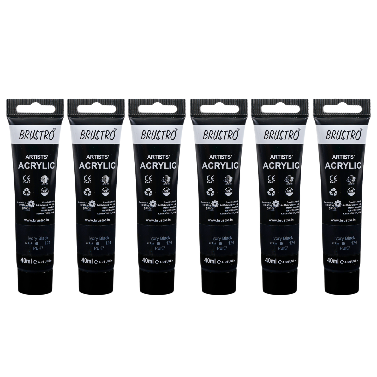 BRUSTRO Artists Acrylic Paint |40ml, Ivory Black, Pack Of 6 Tubes|Non-Toxic,Water based,Inter Mixable,Ideal for Painting,Textured Effects on Canvas,Paper,Fine Art Student and Professionals