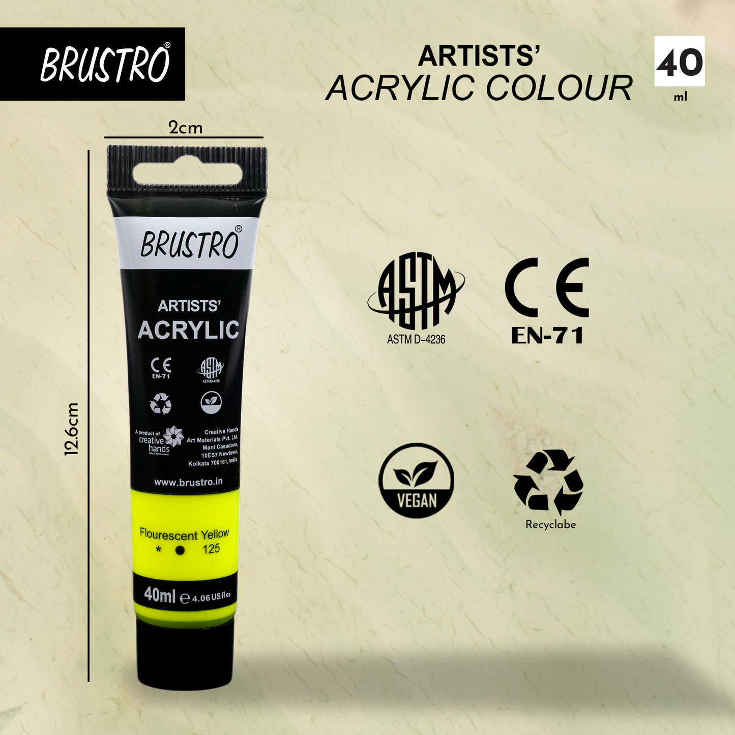 BRUSTRO Artists Acrylic Paint Tube | 40ml, Fluorescent Yellow (Pack of 2)|Non-Toxic,Water based,Inter Mixable, Ideal for Painting, Textured Effects on Canvas, Paper, Fine Art Student and Professionals