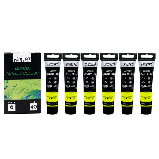 BRUSTRO Artists Acrylic Paint |40ml, Fluorescent Yellow, Pack Of 6 Tubes|Non-Toxic,Water based,Inter Mixable,Ideal for Painting,Textured Effects on Canvas,Paper,Fine Art Student and Professionals