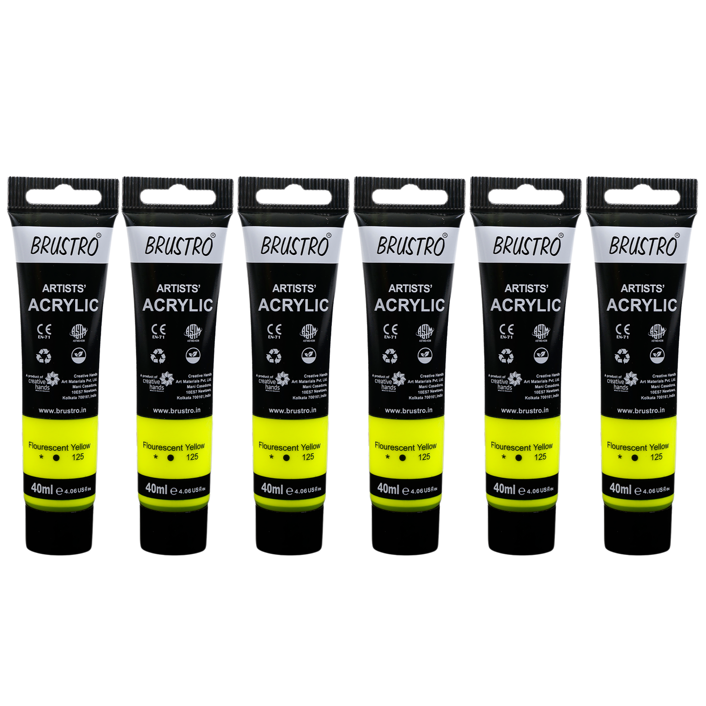 BRUSTRO Artists Acrylic Paint |40ml, Fluorescent Yellow, Pack Of 6 Tubes|Non-Toxic,Water based,Inter Mixable,Ideal for Painting,Textured Effects on Canvas,Paper,Fine Art Student and Professionals