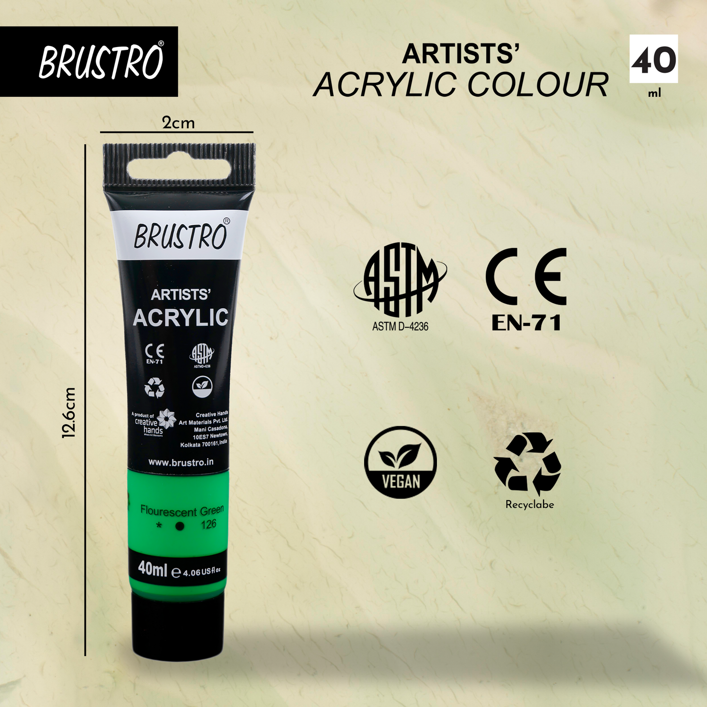 BRUSTRO Artists Acrylic Paint |40ml, Fluorescent Green, Pack Of 6 Tubes|Non-Toxic,Water based,Inter Mixable,Ideal for Painting,Textured Effects on Canvas,Paper,Fine Art Student and Professionals