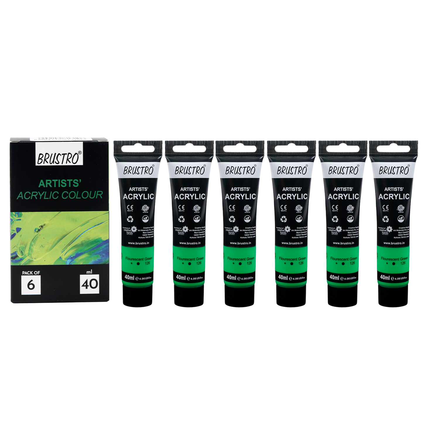BRUSTRO Artists Acrylic Paint |40ml, Fluorescent Green, Pack Of 6 Tubes|Non-Toxic,Water based,Inter Mixable,Ideal for Painting,Textured Effects on Canvas,Paper,Fine Art Student and Professionals