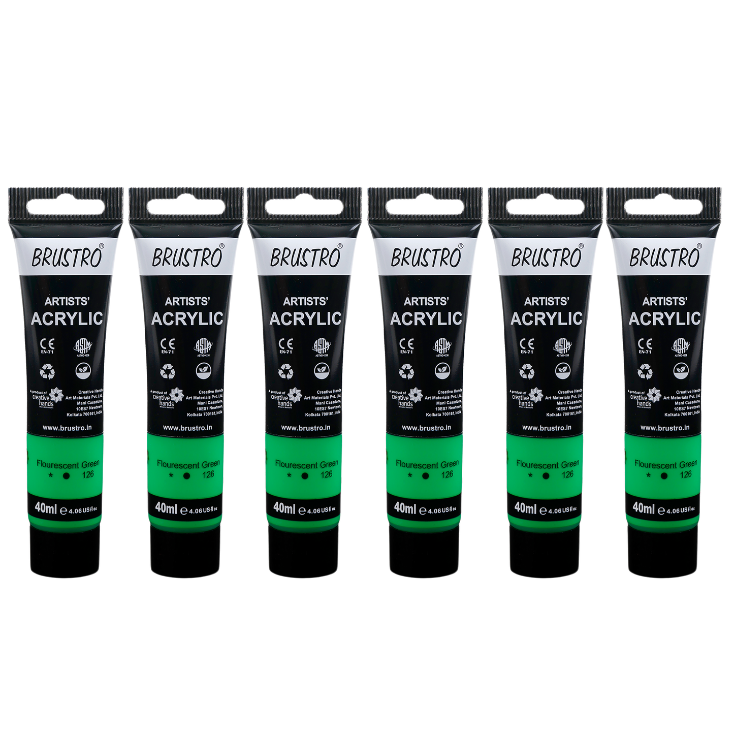 BRUSTRO Artists Acrylic Paint |40ml, Fluorescent Green, Pack Of 6 Tubes|Non-Toxic,Water based,Inter Mixable,Ideal for Painting,Textured Effects on Canvas,Paper,Fine Art Student and Professionals