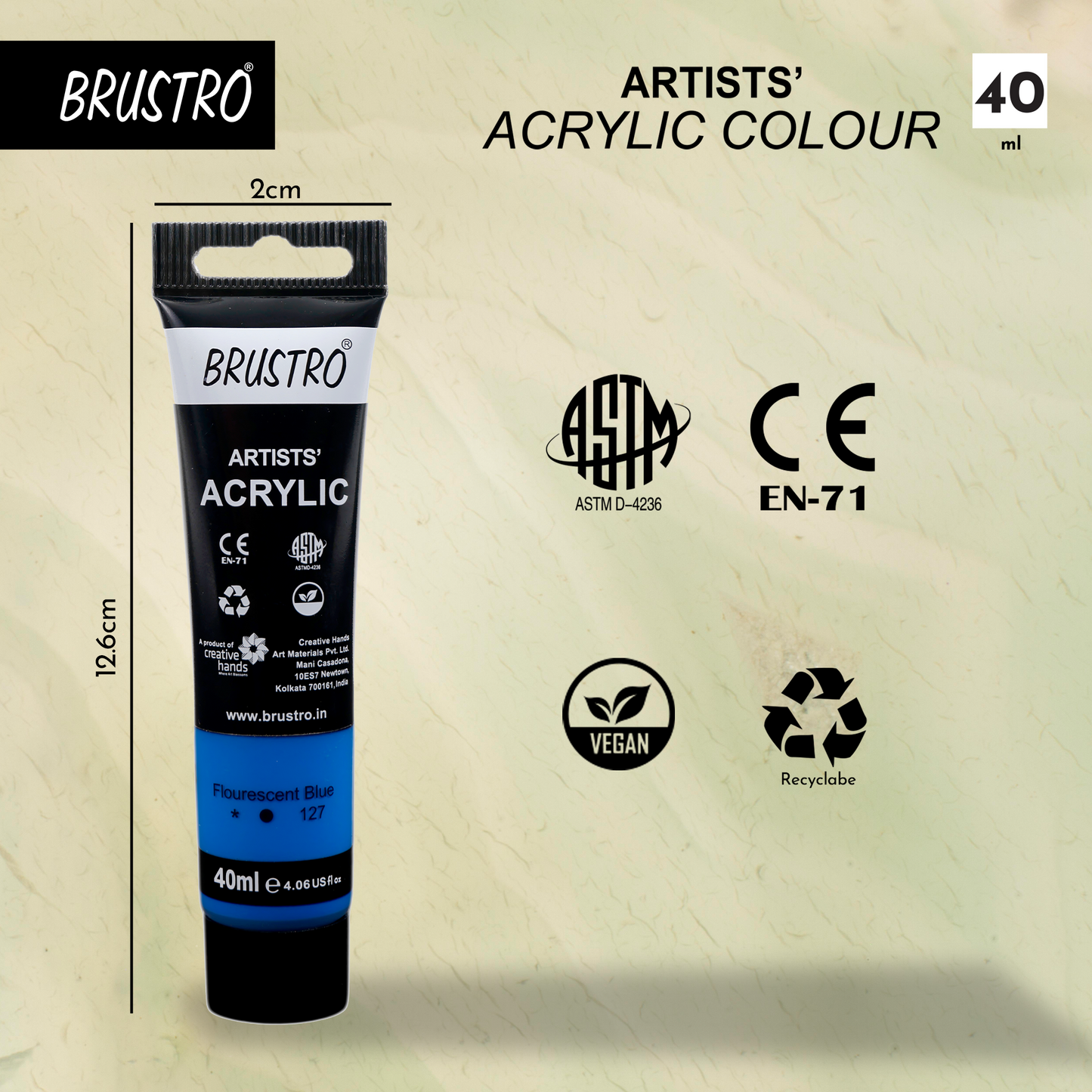 BRUSTRO Artists Acrylic Paint |40ml, Fluorescent Blue, Pack Of 6 Tubes|Non-Toxic,Water based,Inter Mixable,Ideal for Painting,Textured Effects on Canvas,Paper,Fine Art Student and Professionals