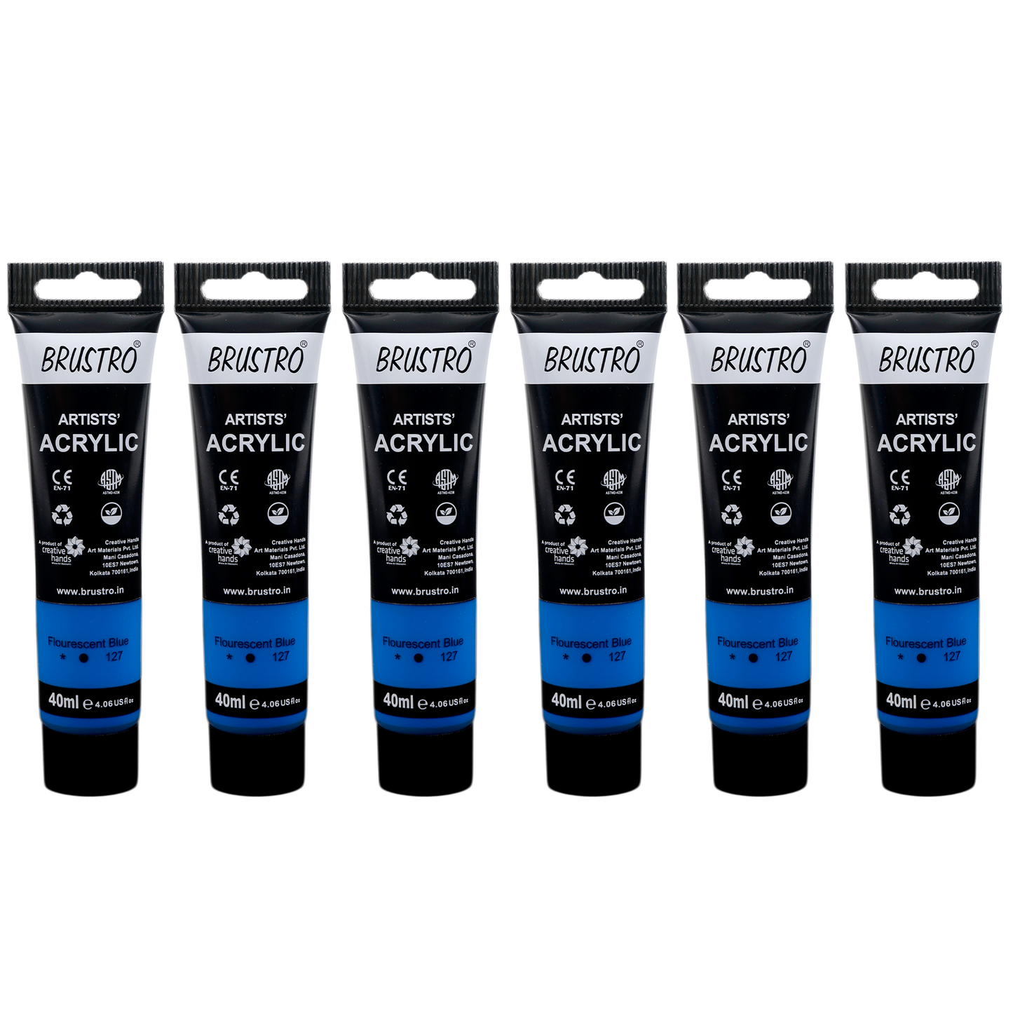 BRUSTRO Artists Acrylic Paint |40ml, Fluorescent Blue, Pack Of 6 Tubes|Non-Toxic,Water based,Inter Mixable,Ideal for Painting,Textured Effects on Canvas,Paper,Fine Art Student and Professionals