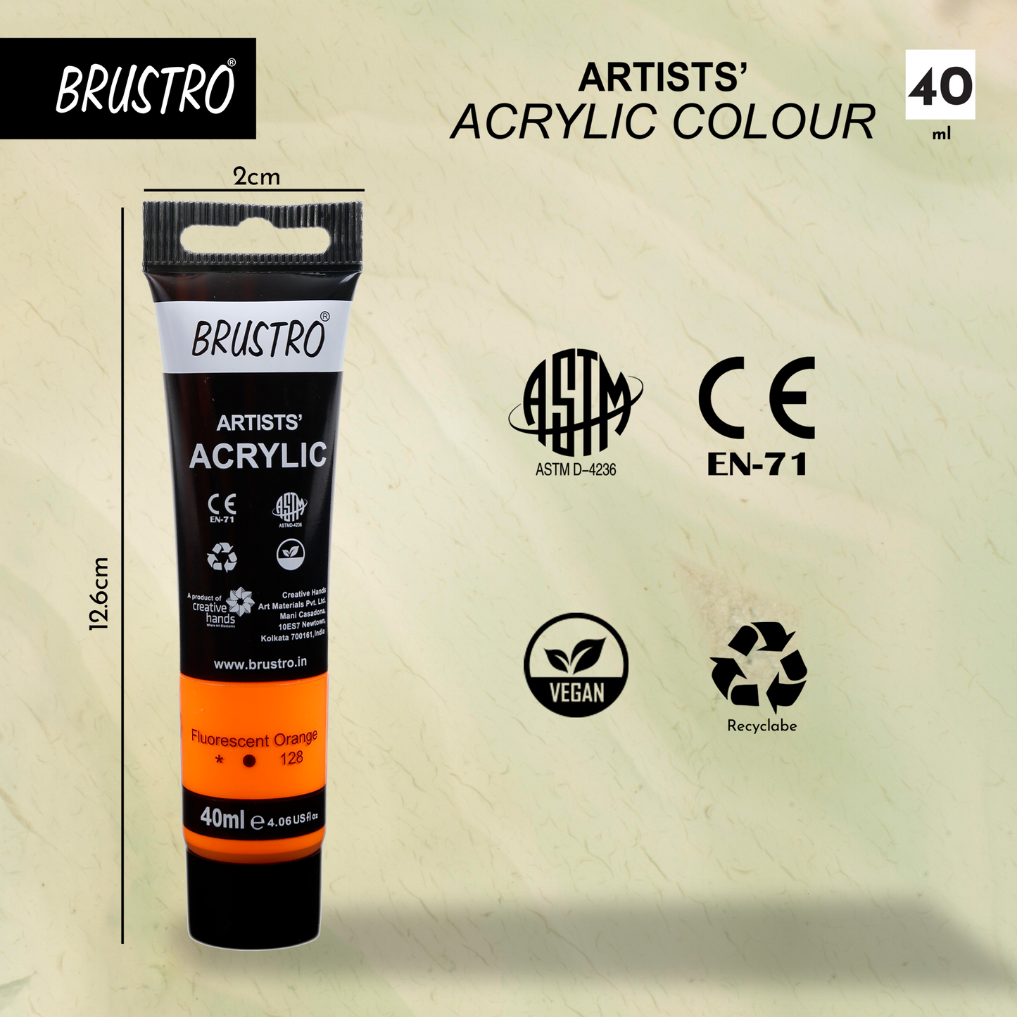 BRUSTRO Artists Acrylic Paint Tube | 40ml, Fluorescent Orange (Pack of 2)|Non-Toxic,Water based,Inter Mixable, Ideal for Painting, Textured Effects on Canvas, Paper, Fine Art Student and Professionals