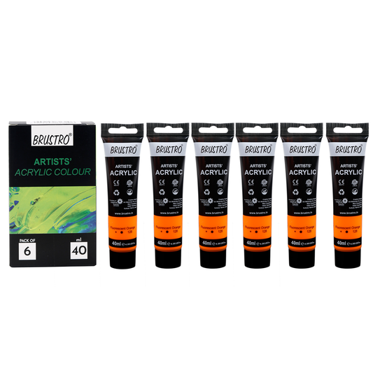 BRUSTRO Artists Acrylic Paint |40ml, Fluorescent Orange, Pack Of 6 Tubes|Non-Toxic,Water based,Inter Mixable,Ideal for Painting,Textured Effects on Canvas,Paper,Fine Art Student and Professionals