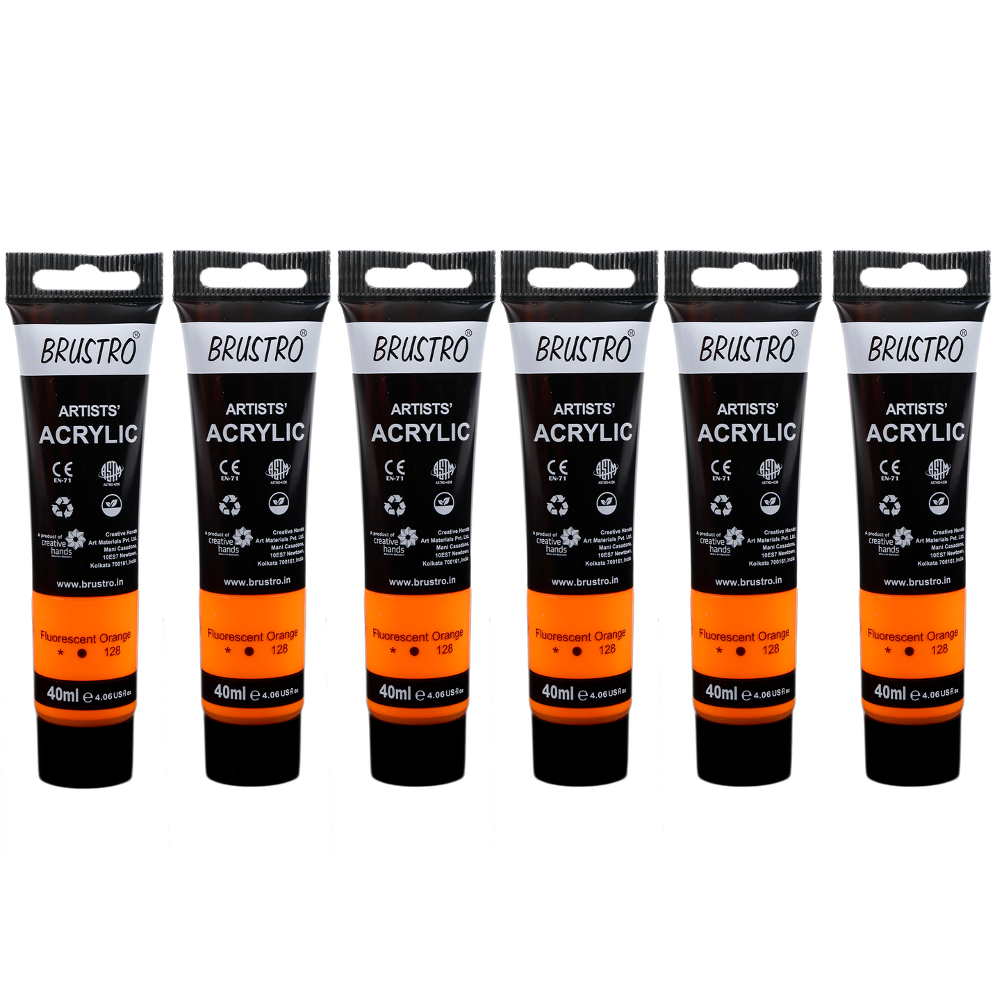 BRUSTRO Artists Acrylic Paint |40ml, Fluorescent Orange, Pack Of 6 Tubes|Non-Toxic,Water based,Inter Mixable,Ideal for Painting,Textured Effects on Canvas,Paper,Fine Art Student and Professionals