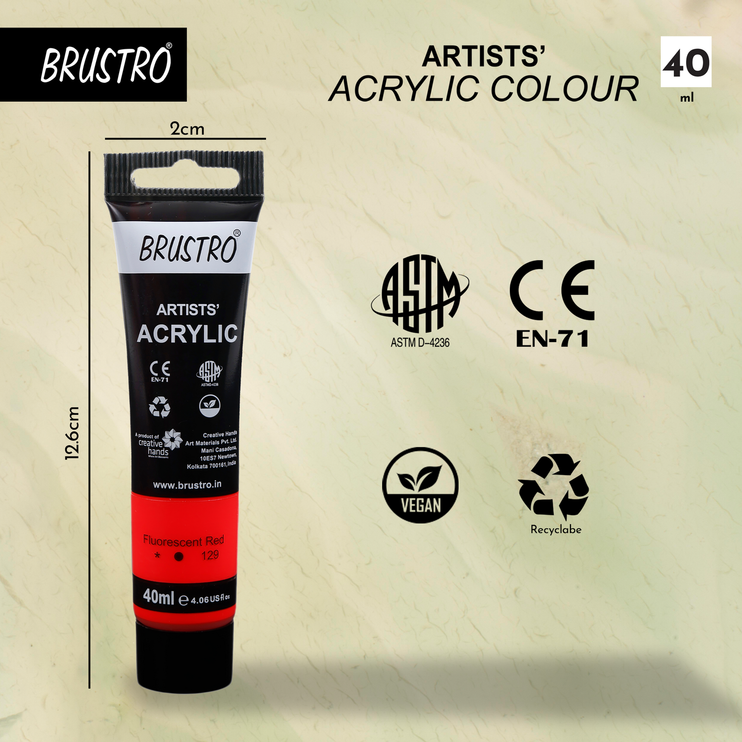 BRUSTRO Artists Acrylic Paint |40ml, Fluorescent Red, Pack Of 6 Tubes|Non-Toxic,Water based,Inter Mixable,Ideal for Painting,Textured Effects on Canvas,Paper,Fine Art Student and Professionals