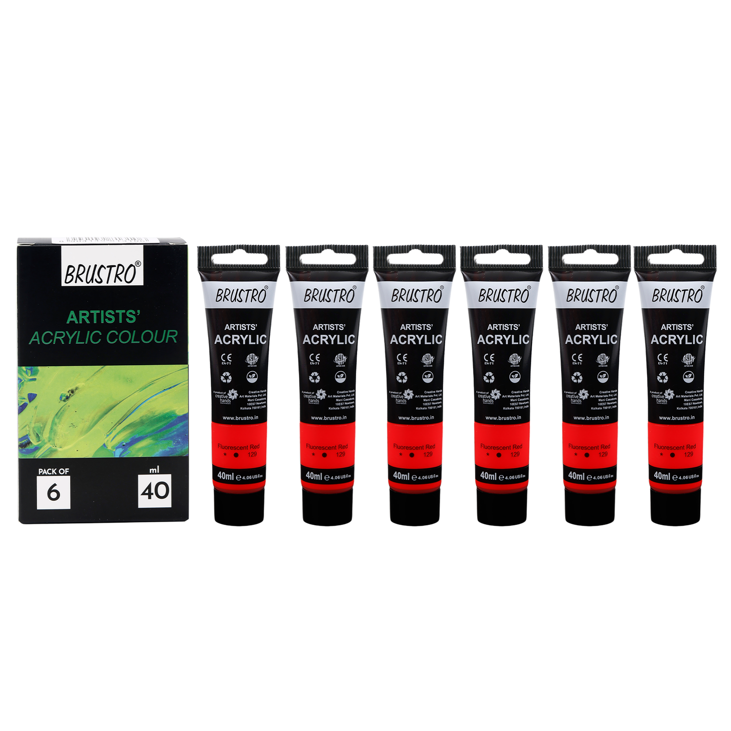 BRUSTRO Artists Acrylic Paint |40ml, Fluorescent Red, Pack Of 6 Tubes|Non-Toxic,Water based,Inter Mixable,Ideal for Painting,Textured Effects on Canvas,Paper,Fine Art Student and Professionals