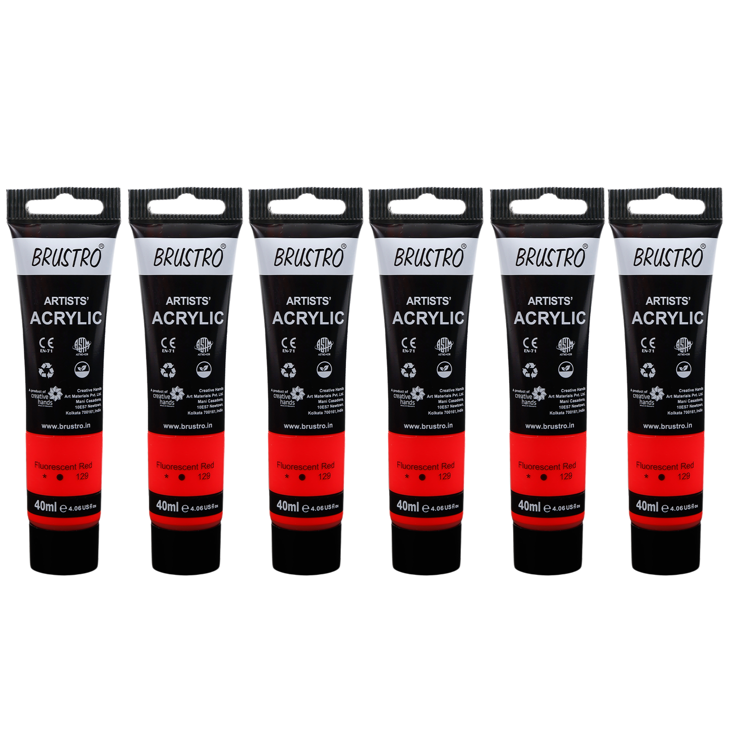 BRUSTRO Artists Acrylic Paint |40ml, Fluorescent Red, Pack Of 6 Tubes|Non-Toxic,Water based,Inter Mixable,Ideal for Painting,Textured Effects on Canvas,Paper,Fine Art Student and Professionals