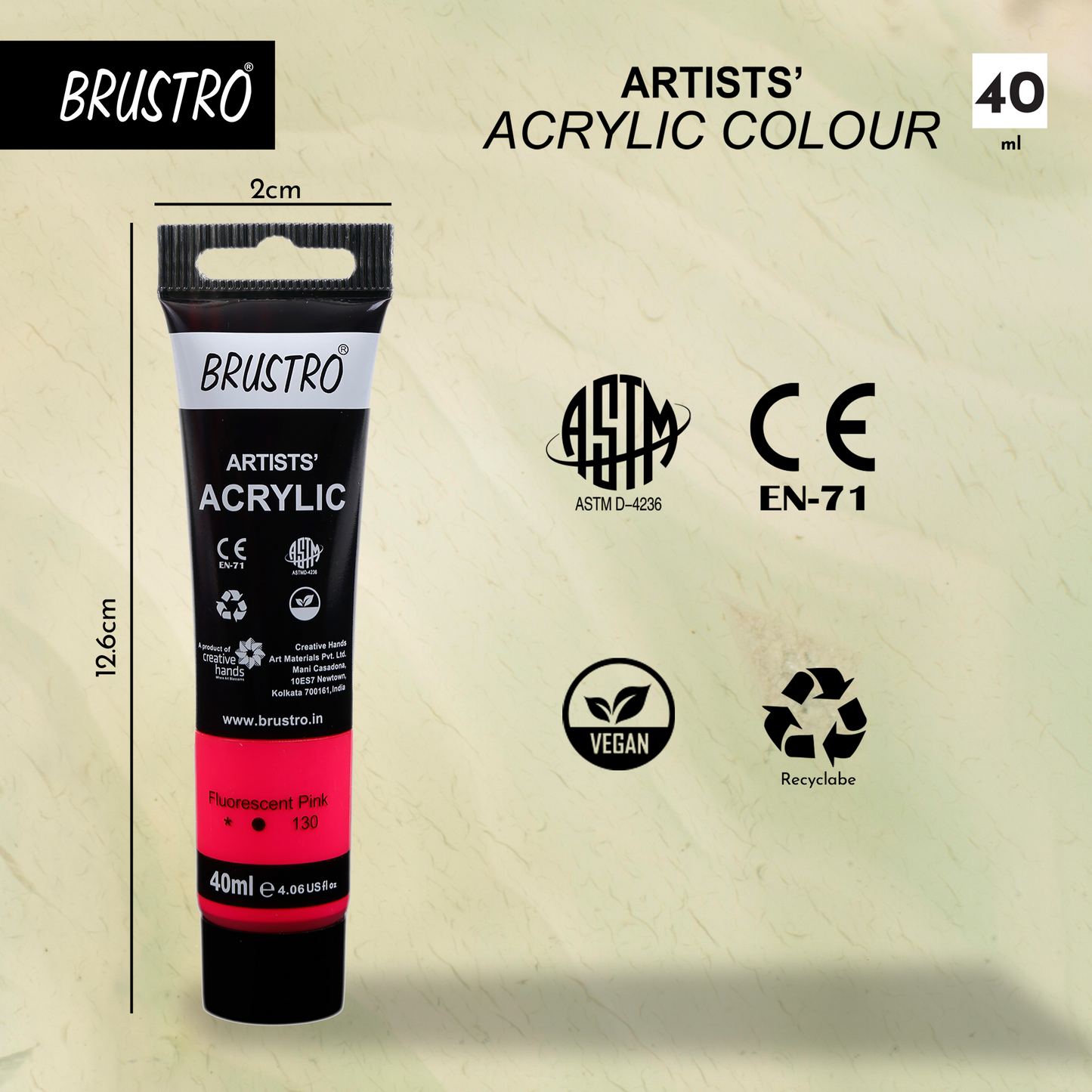 BRUSTRO Artists Acrylic Paint Tube | 40ml, Fluorescent Pink (Pack of 2)|Non-Toxic, Water based, Inter Mixable, Ideal for Painting, Textured Effects on Canvas, Paper, Fine Art Student and Professionals
