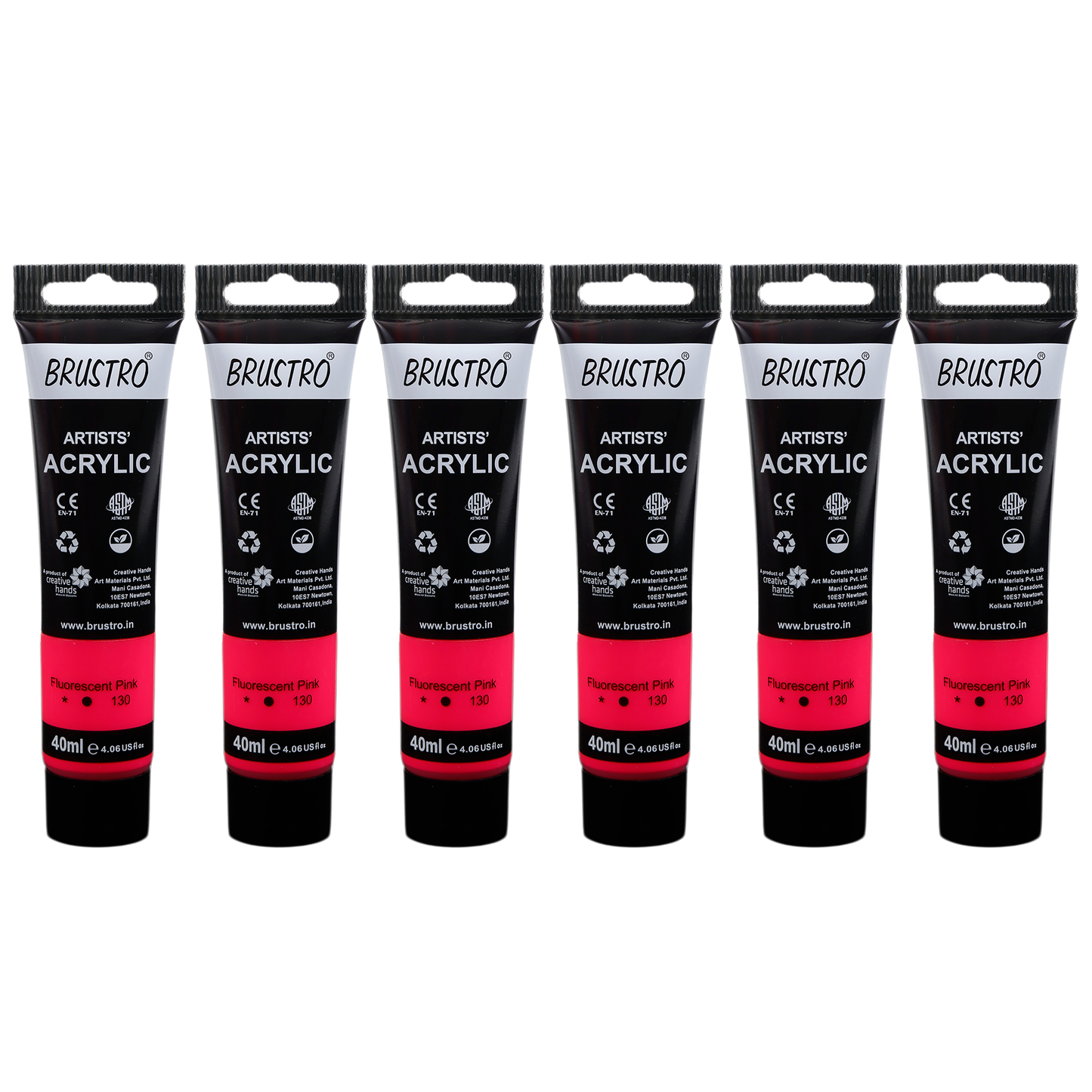 BRUSTRO Artists Acrylic Paint |40ml, Fluorescent Pink, Pack Of 6 Tubes|Non-Toxic,Water based,Inter Mixable,Ideal for Painting,Textured Effects on Canvas,Paper,Fine Art Student and Professionals